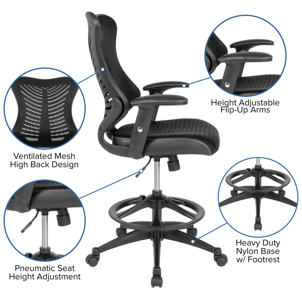 Flash Furniture Waylon High Back Designer Black Mesh Drafting Chair With Leathersoft Sides And Adjustable Arms