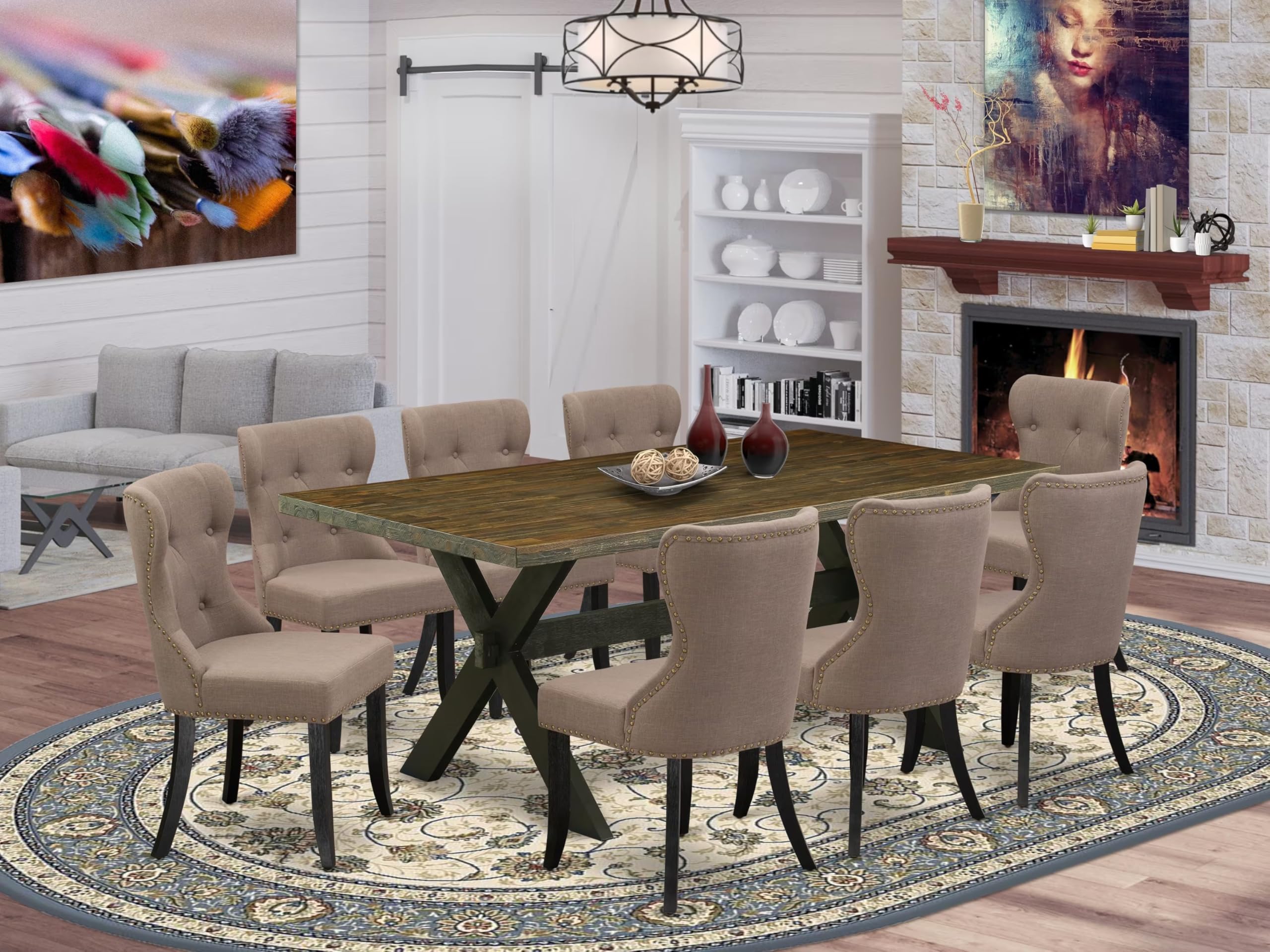 East West Furniture X677Si648-9 9 Piece Kitchen Table Set Includes A Rectangle Dining Table With X-Legs And 8 Coffee Linen Fabric Parson Dining Chairs, 40X72 Inch, Multi-Color