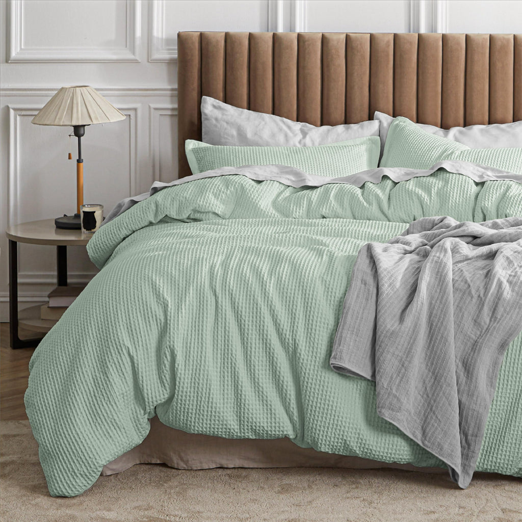 Bedsure Waffle Comforter Set King, Sage Green Cotton Bedding Set For All Seasons, Waffle Weave Bed Set, 3 Pieces, 1 Comforter (104'X90') And 2 Pillow Shams, Premium Cotton Cover With Polyester Fill