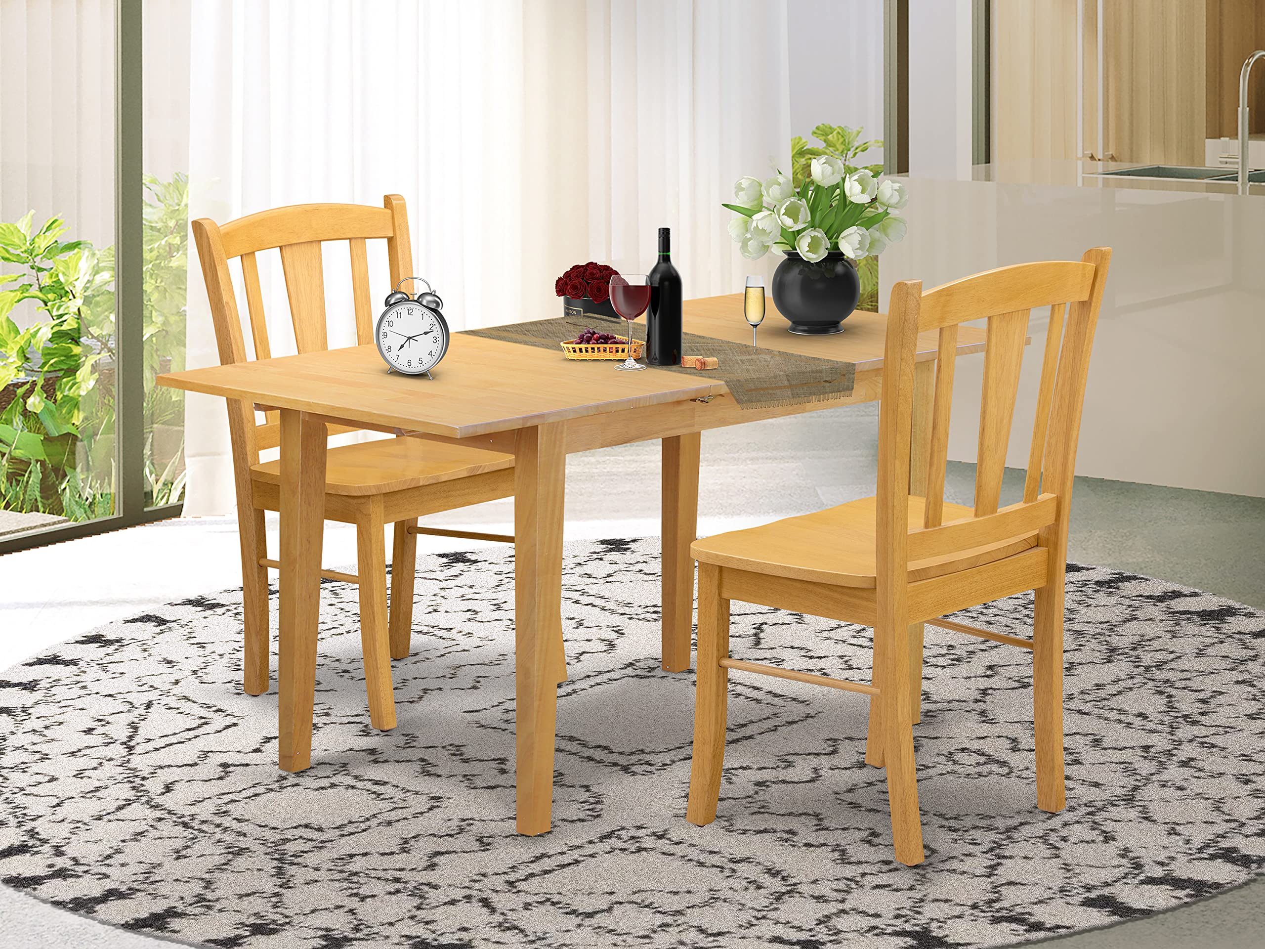 East West Furniture NFDL3-OAK-W 3 Piece Dining Set Contains a Rectangle Dining Room Table with Butterfly Leaf and 2 Kitchen Chairs, 32x54 Inch, Oak