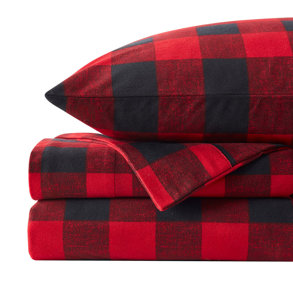 Flannel Sheets Warm And Cozy Deep Pocket Breathable All Season Bedding Set With Fitted, Flat And Pillowcases, Twin, Buffalo Check Plaid Burgundy