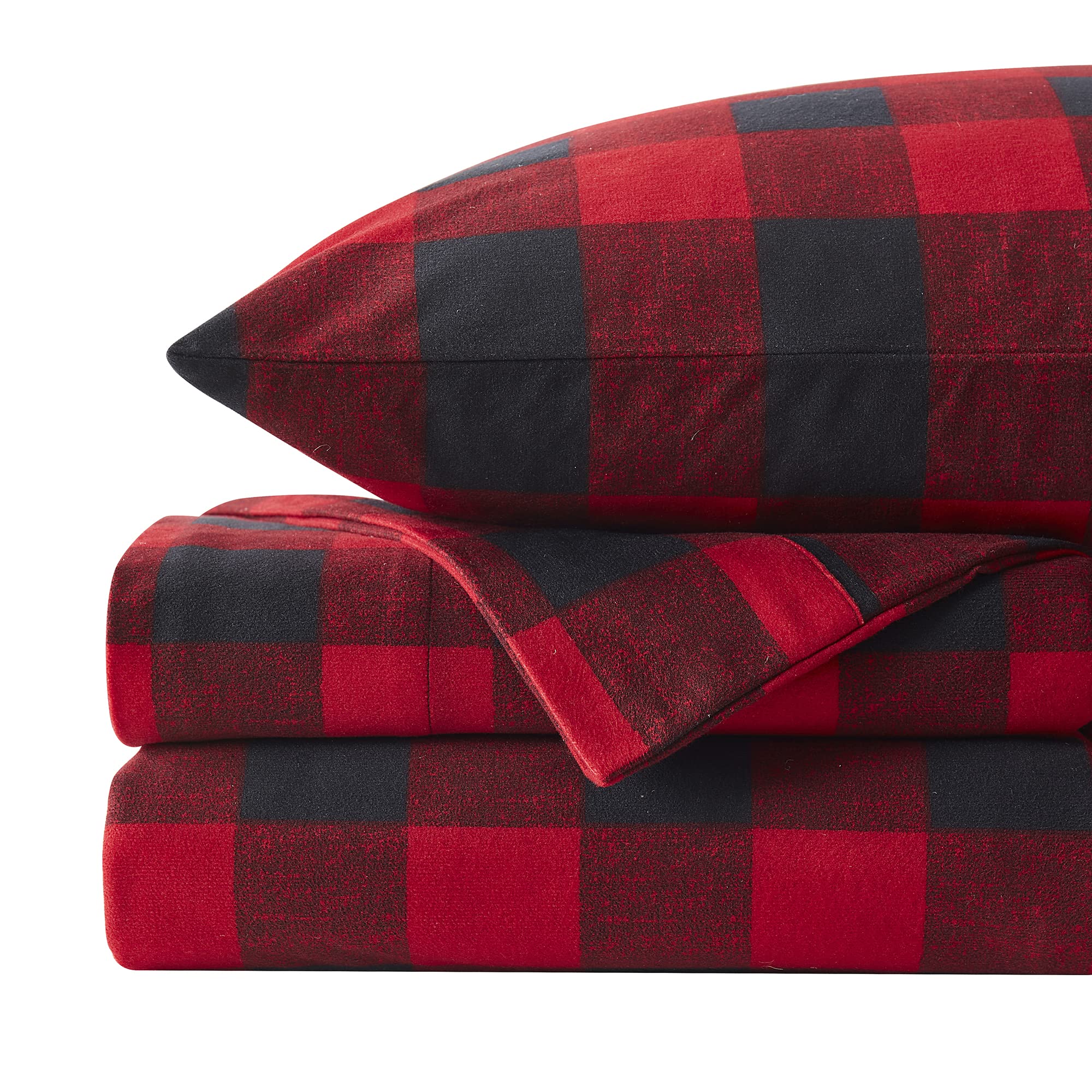 Flannel Sheets Warm And Cozy Deep Pocket Breathable All Season Bedding Set With Fitted, Flat And Pillowcases, Twin, Buffalo Check Plaid Burgundy
