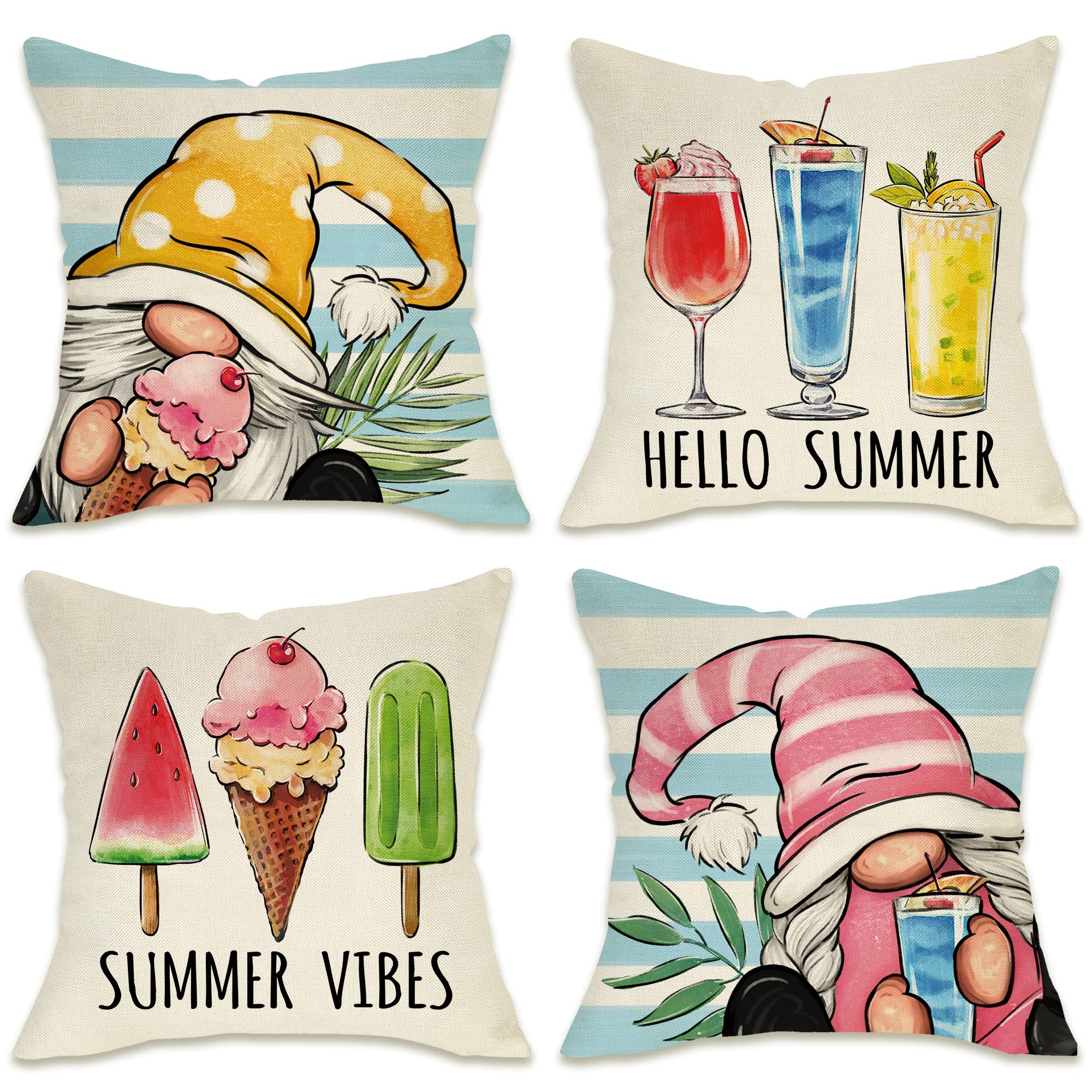 Fahrendom Hello Summer Vibes Gnome Decorative Throw Pillow Cover 16 X 16 Set Of 4, Ice Cream Popsicle Juice Porch Patio Outdoor