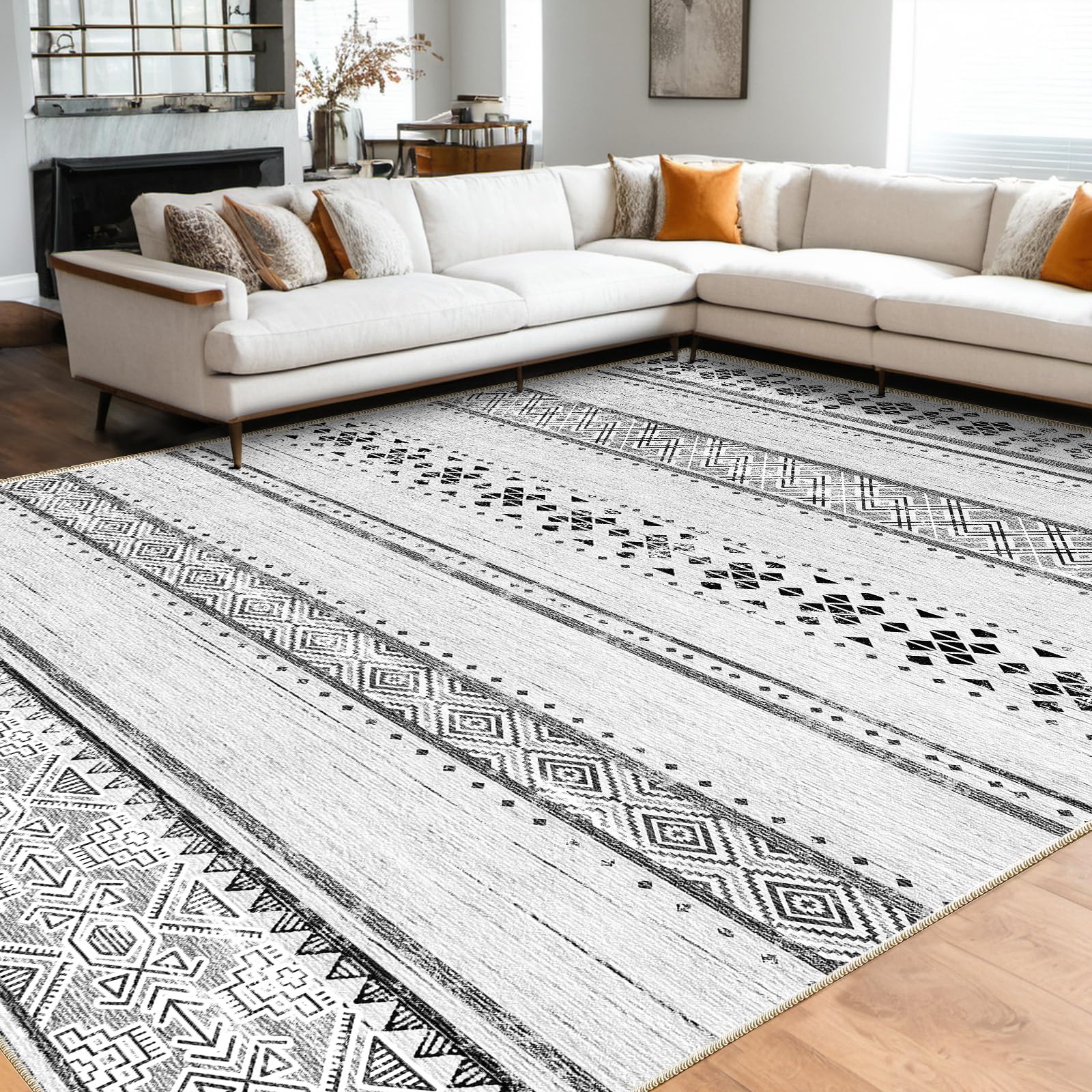 BESTSWEETIE 8x10 Area Rug for Living Room Washable Rug Moroccan Farmhouse Neutral Geometric Soft Low Pile Non-Slip Water Repelle