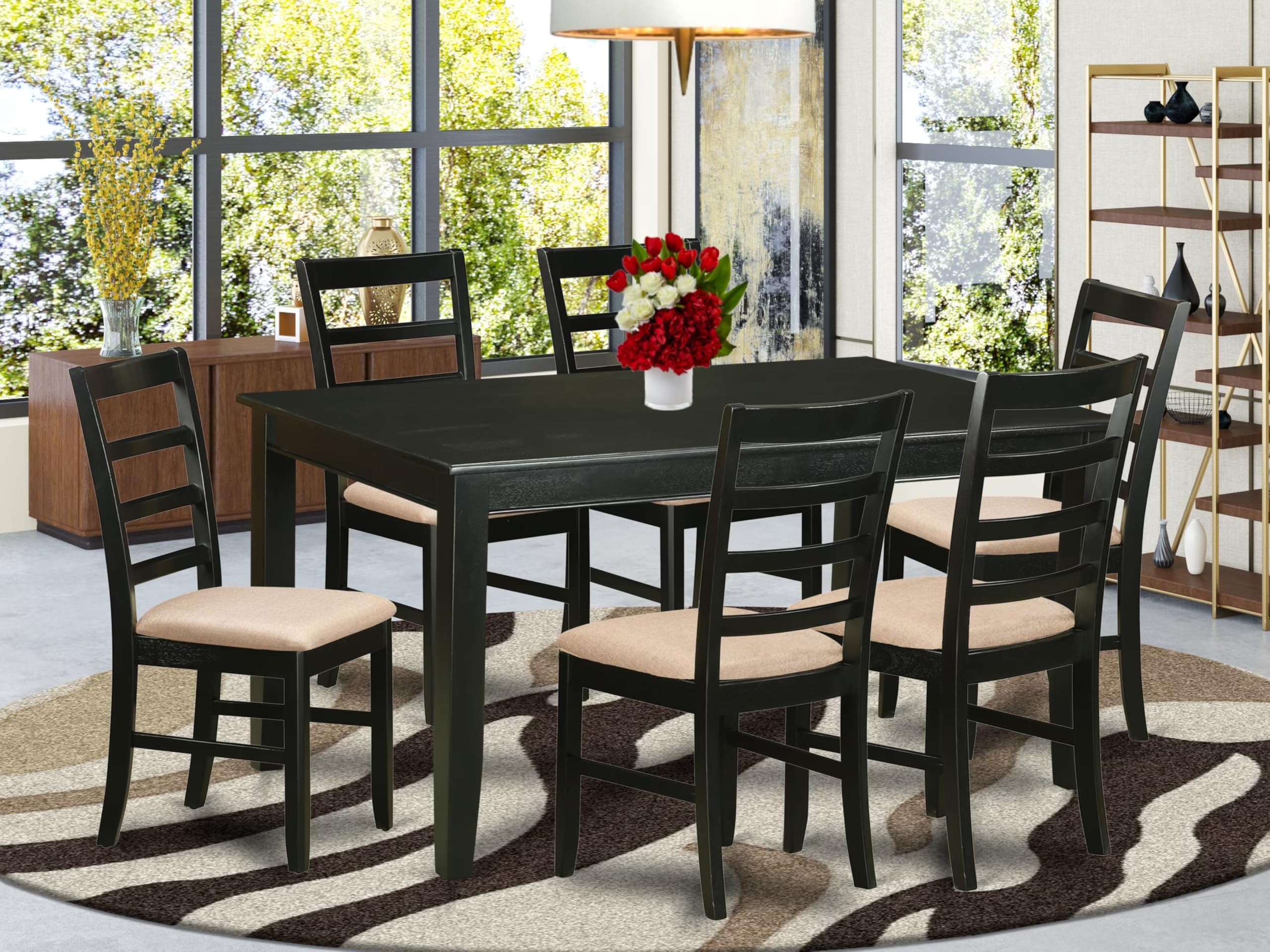 East West Furniture DUPF7-BLK-C 7 Piece Dining Room Table Set Consist of a Rectangle Kitchen Table and 6 Linen Fabric Upholstered Dining Chairs, 36x60 Inch, Black