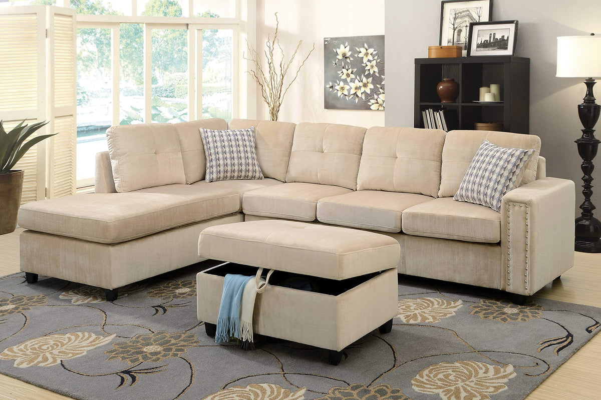 HomeRoots Velvet, Wood Frame, Foam, 78' X 33' X 36' Beige Velvet Reversible Sectional Sofa with Pillows