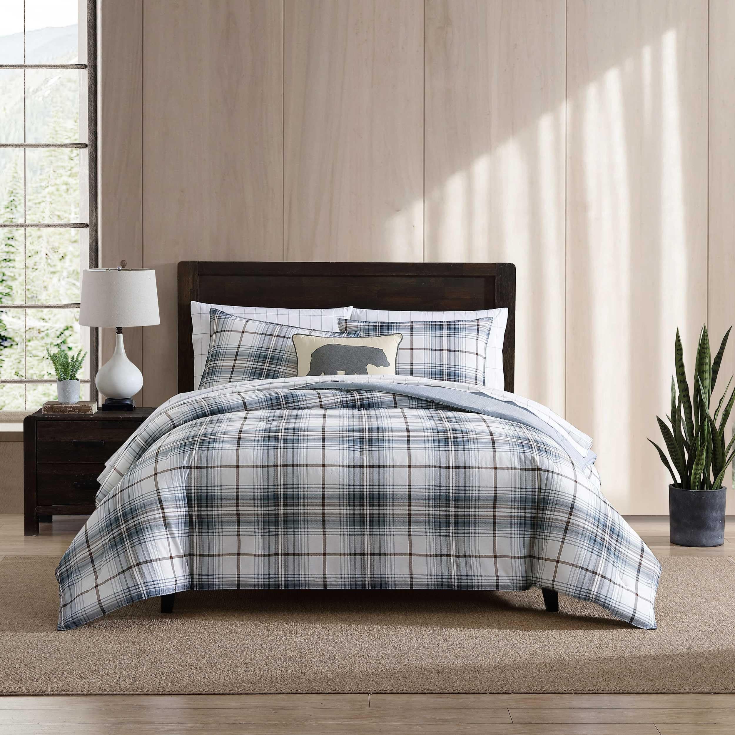 Eddie Bauer - Queen Comforter Set, Reversible Cotton Bedding With Matching Shams, Plaid Home Decor (Alder Blue/Grey, Queen)
