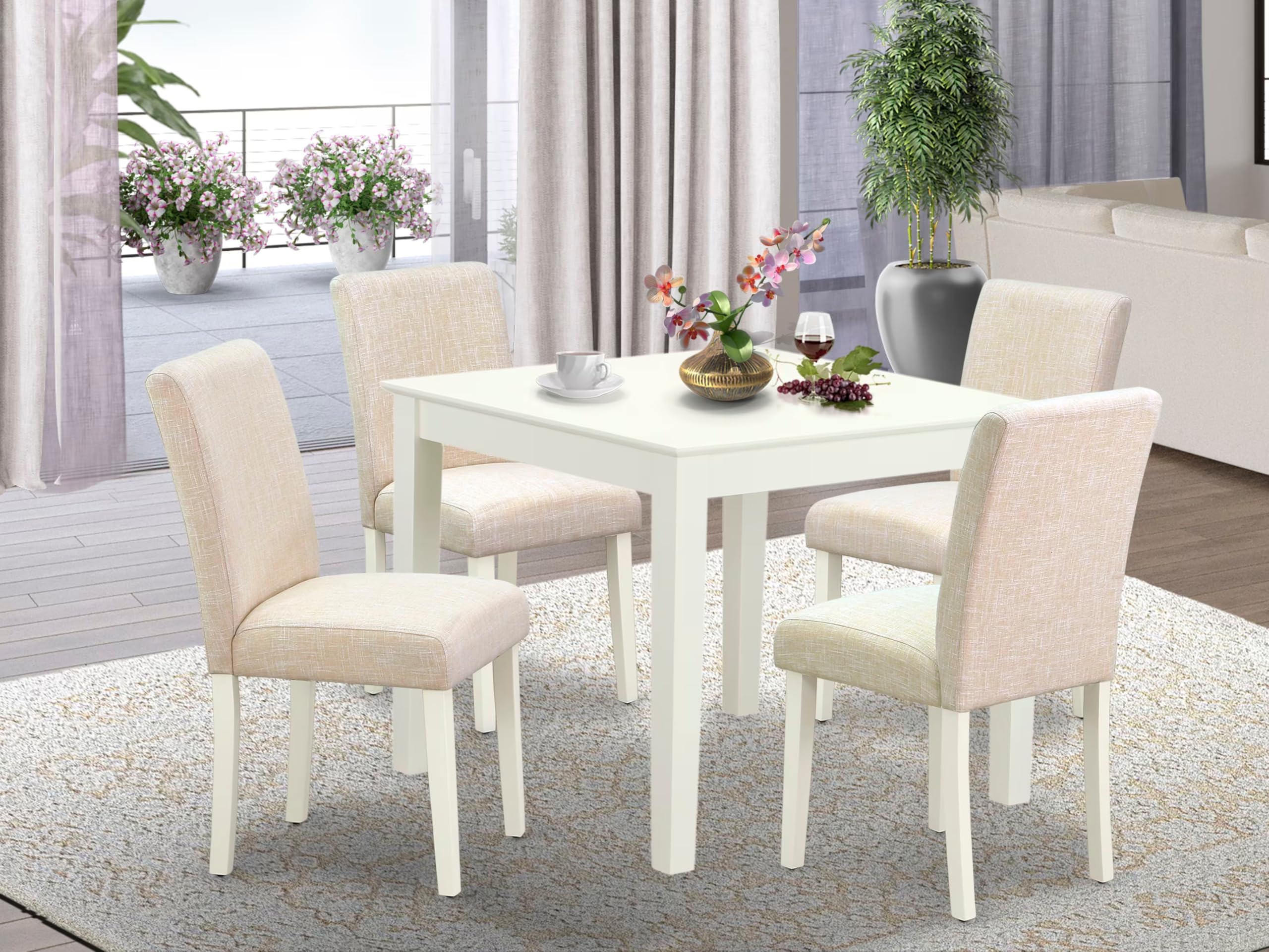 East West Furniture Oxab5-Lwh-02 5 Piece Dining Table Set For 4 Includes A Square Kitchen Table And 4 Light Beige Linen Fabric Upholstered Parson Chairs, 36X36 Inch, Linen White