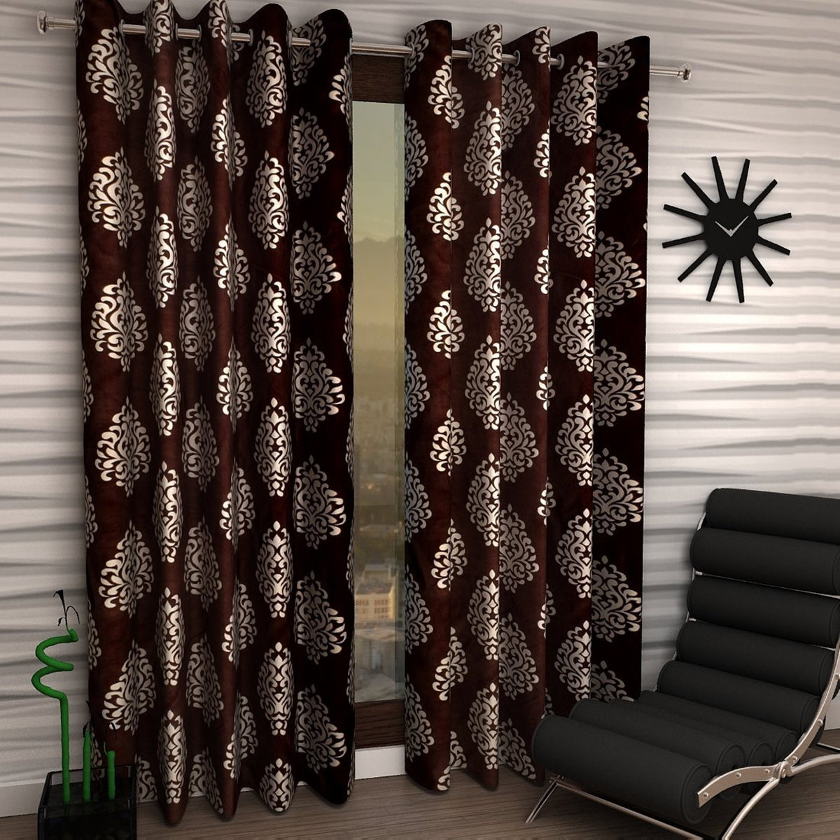 Kiara Creations Damas Printed Eyelet Curtains for Window 6 Feet (Pack of 2) Brown