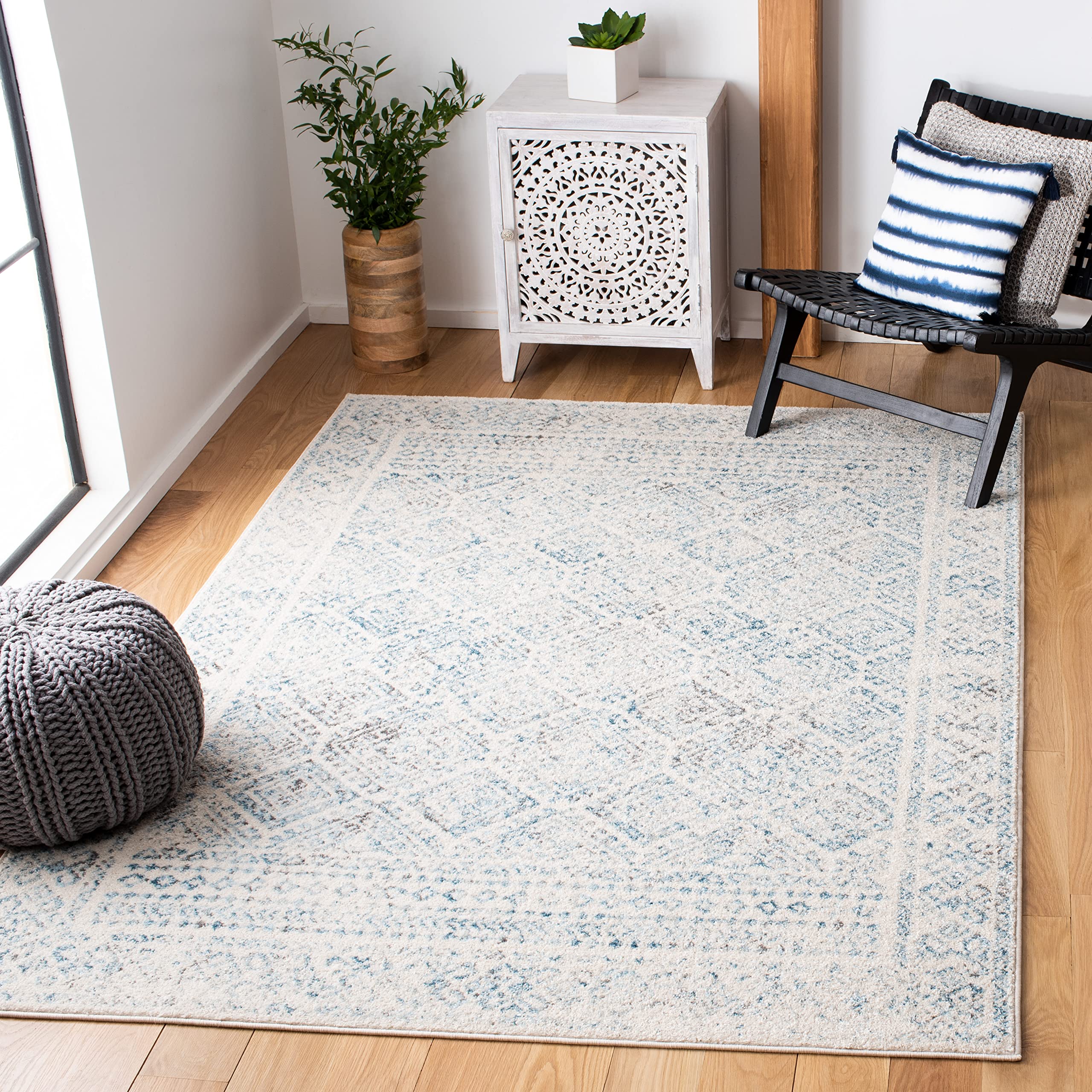 SAFAVIEH Tulum Collection 3 Square Ivory / Turquoise TUL264B Moroccan Boho Distressed Non-Shedding Living Room Bedroom Accent R