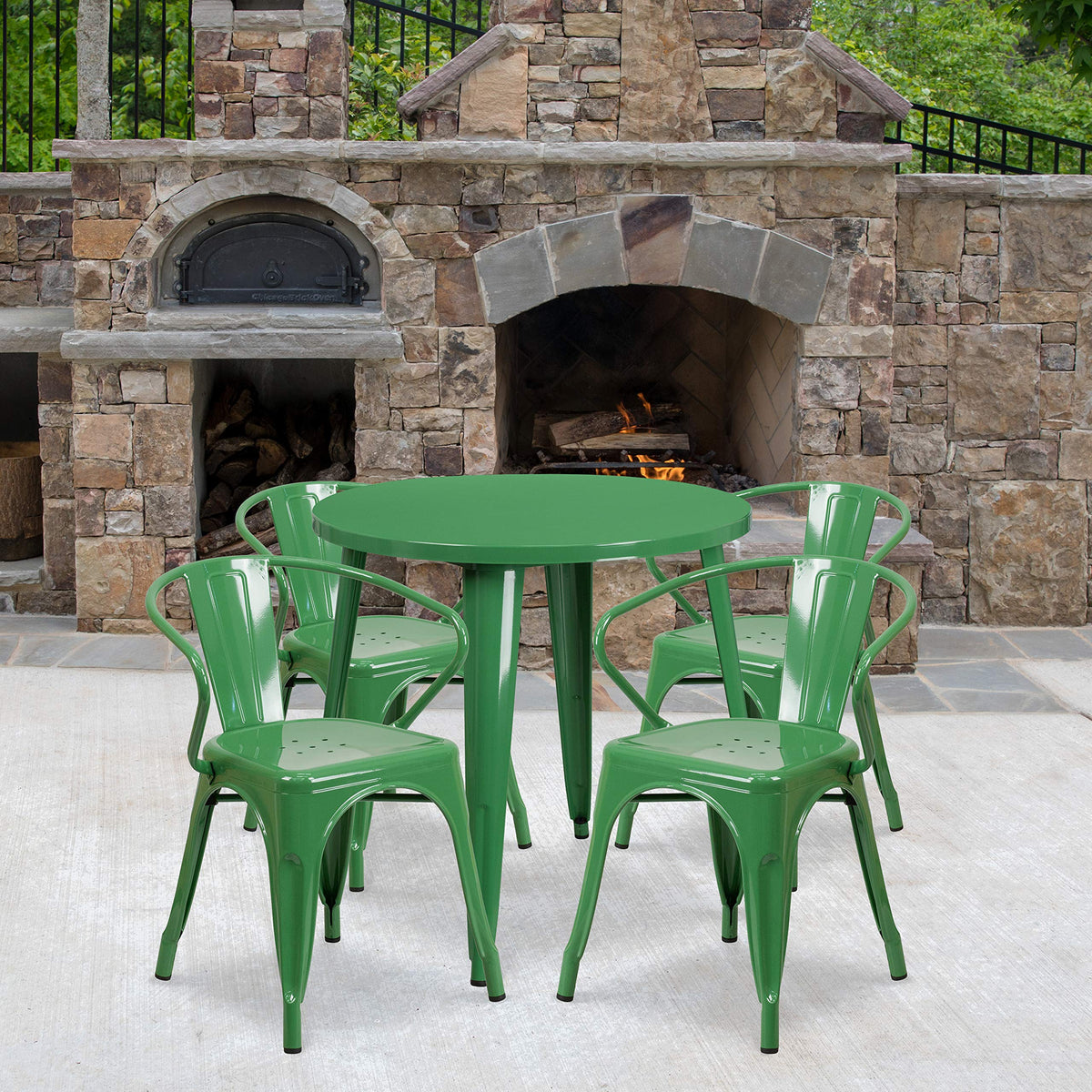 Flash Furniture Commercial Grade 30&quot; Round Green Metal Indoor-Outdoor Table Set with 4 Arm Chairs