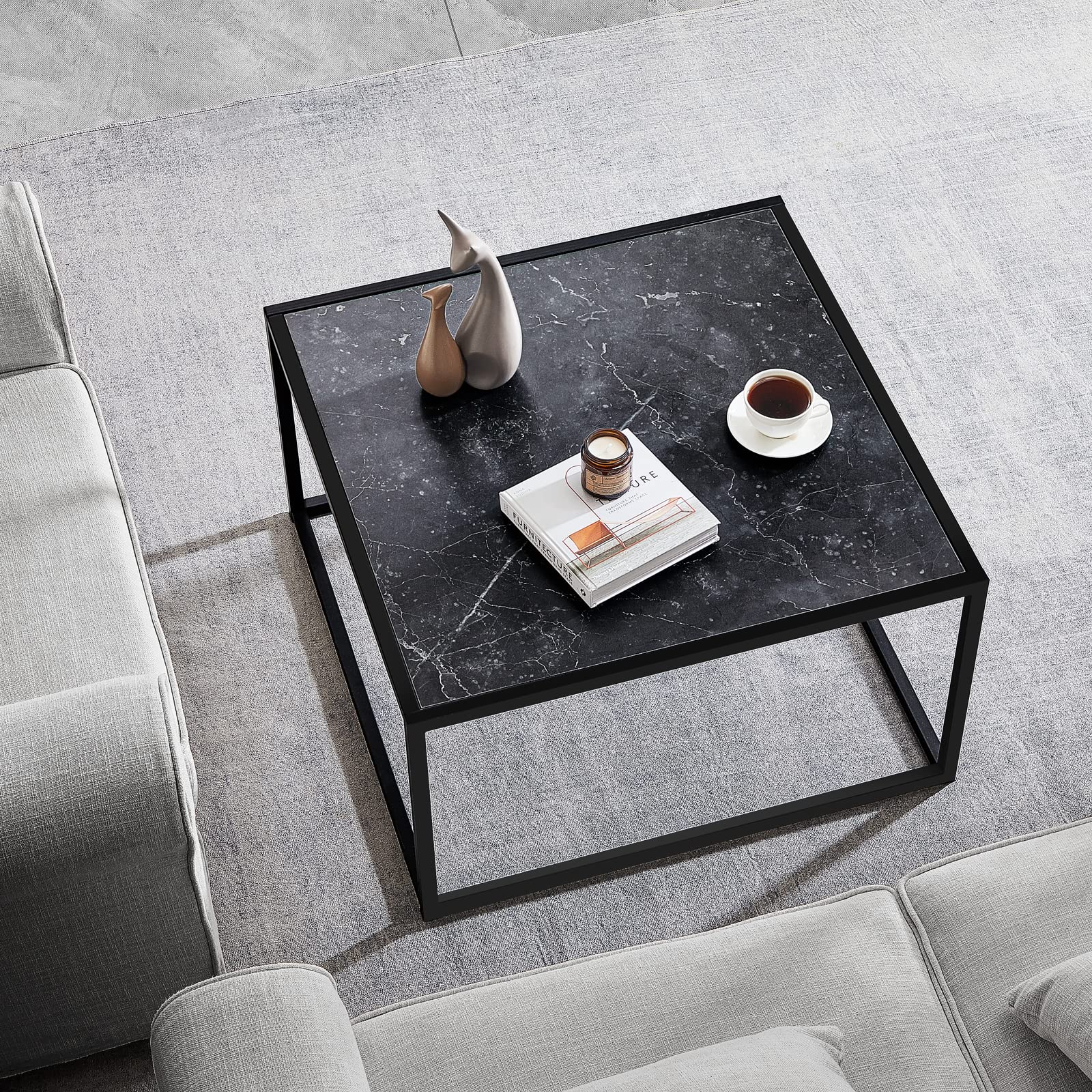 Saygoer Black Coffee Table Small Square Coffee Table Simple Modern Center Table For Living Room Home Office 27.6 * 27.6 * 15.7Inch Easy Assembly, Black Faux Marble