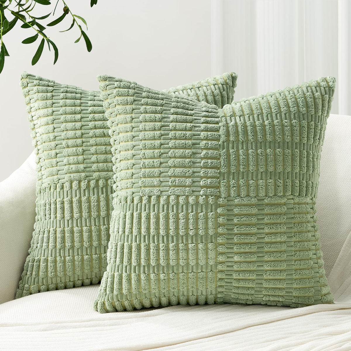 Topfinel Set Of 2 Decorative Sagegreen Throw Pillow Covers 16X16 Inch Soft Corduroy Pillow Covers Boho Textured Striped Patchwor