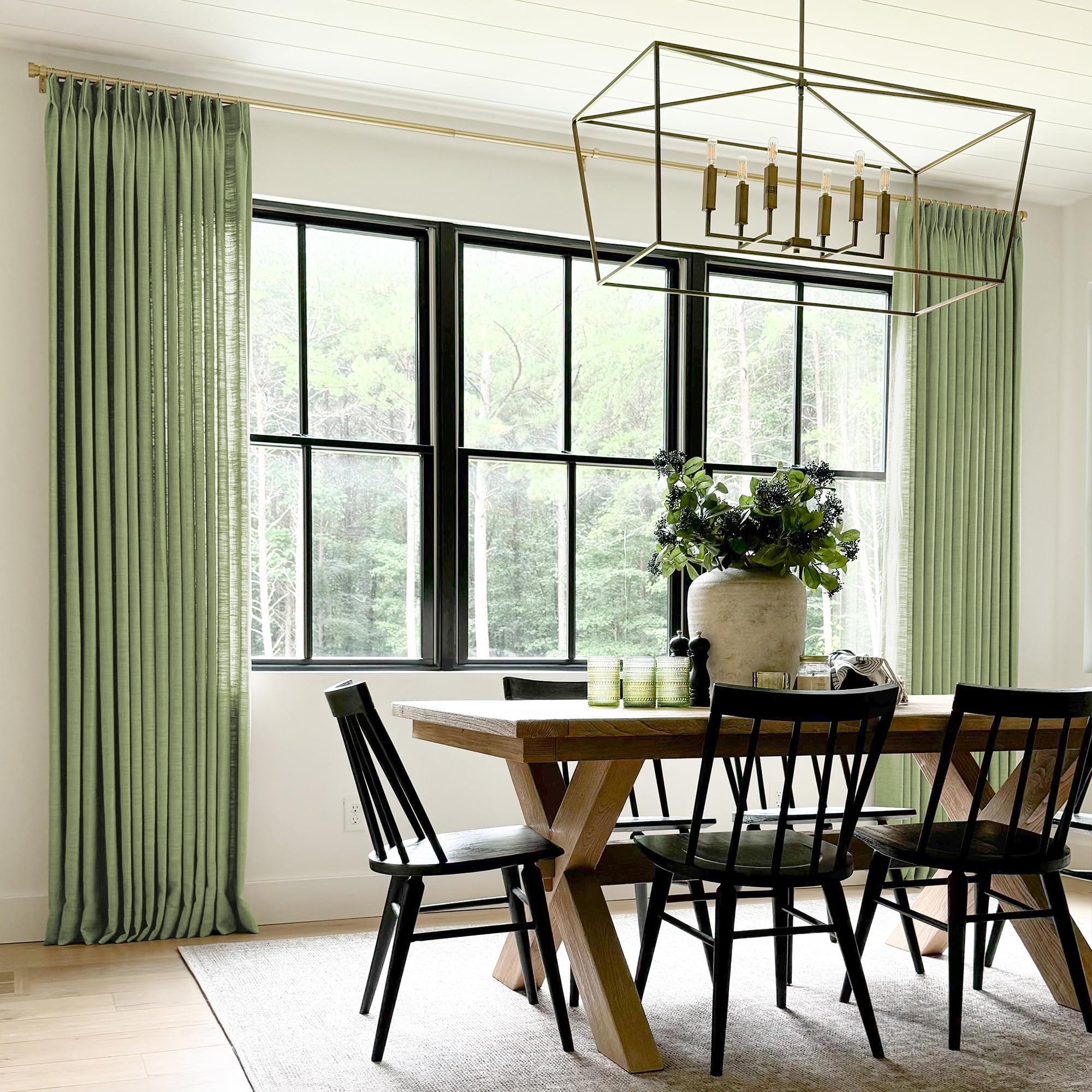 Twopages Green Pinch Pleated Drape Linen Light Filtering Room Darkening Curtain For Bedroom, Double Layer Lined Curtain Window T