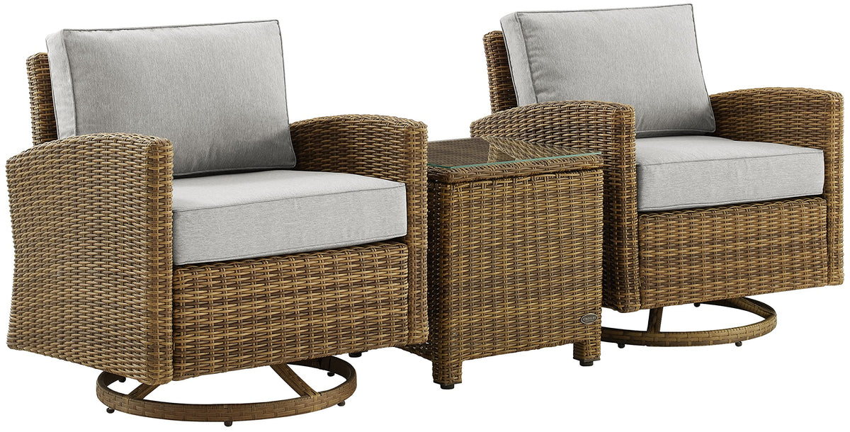 Crosley Furniture Bradenton 3-Piece Wicker Swivel Rocker Outdoor Chair And Side Table Set For Patio, Porch, Brown With Gray Cushions