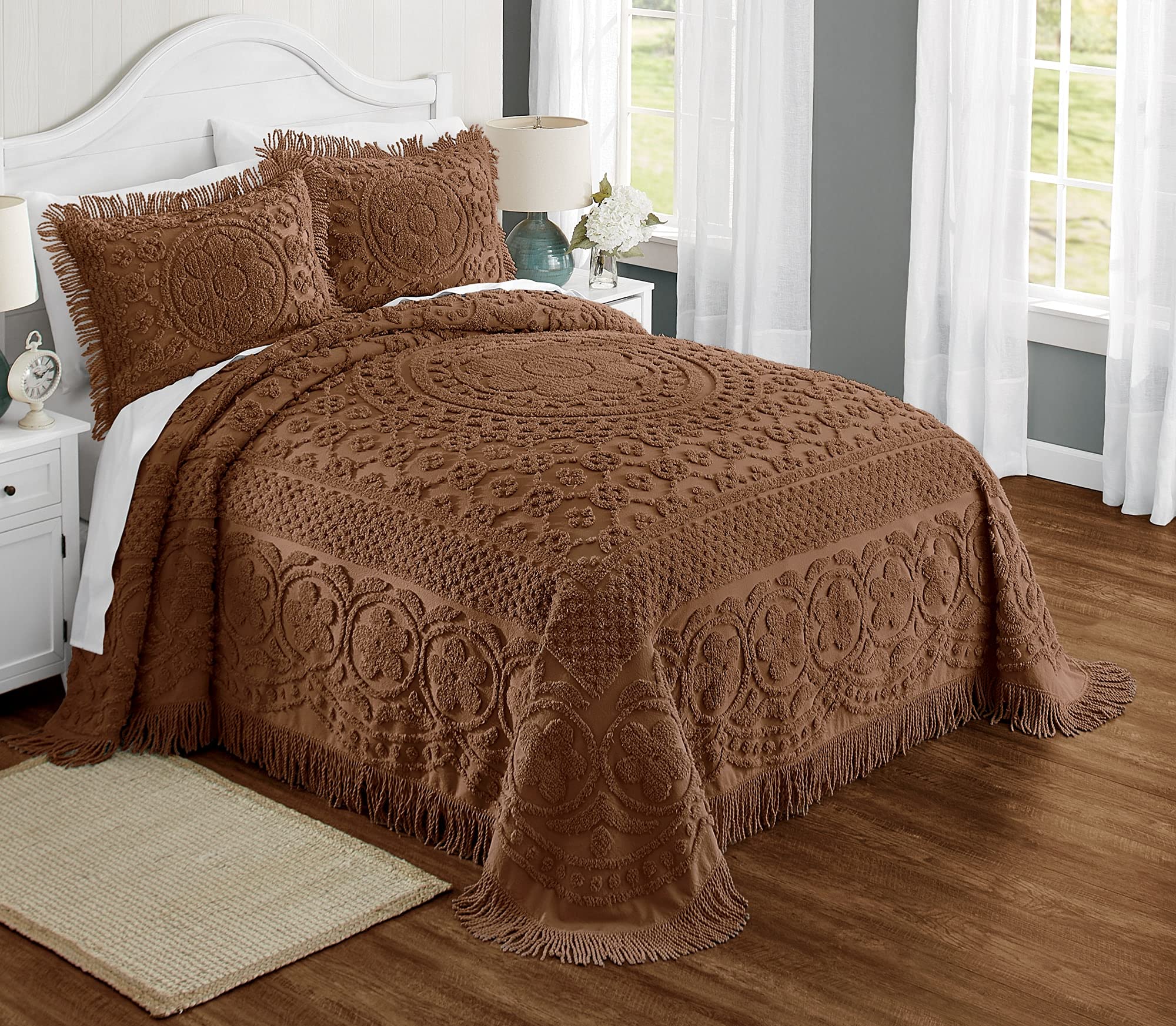 Montgomery Ward Emily Floral Chenille Bedspread, Soft Cotton Comforter, California King Size Quilt In Chocolate - Luxury Hotel B