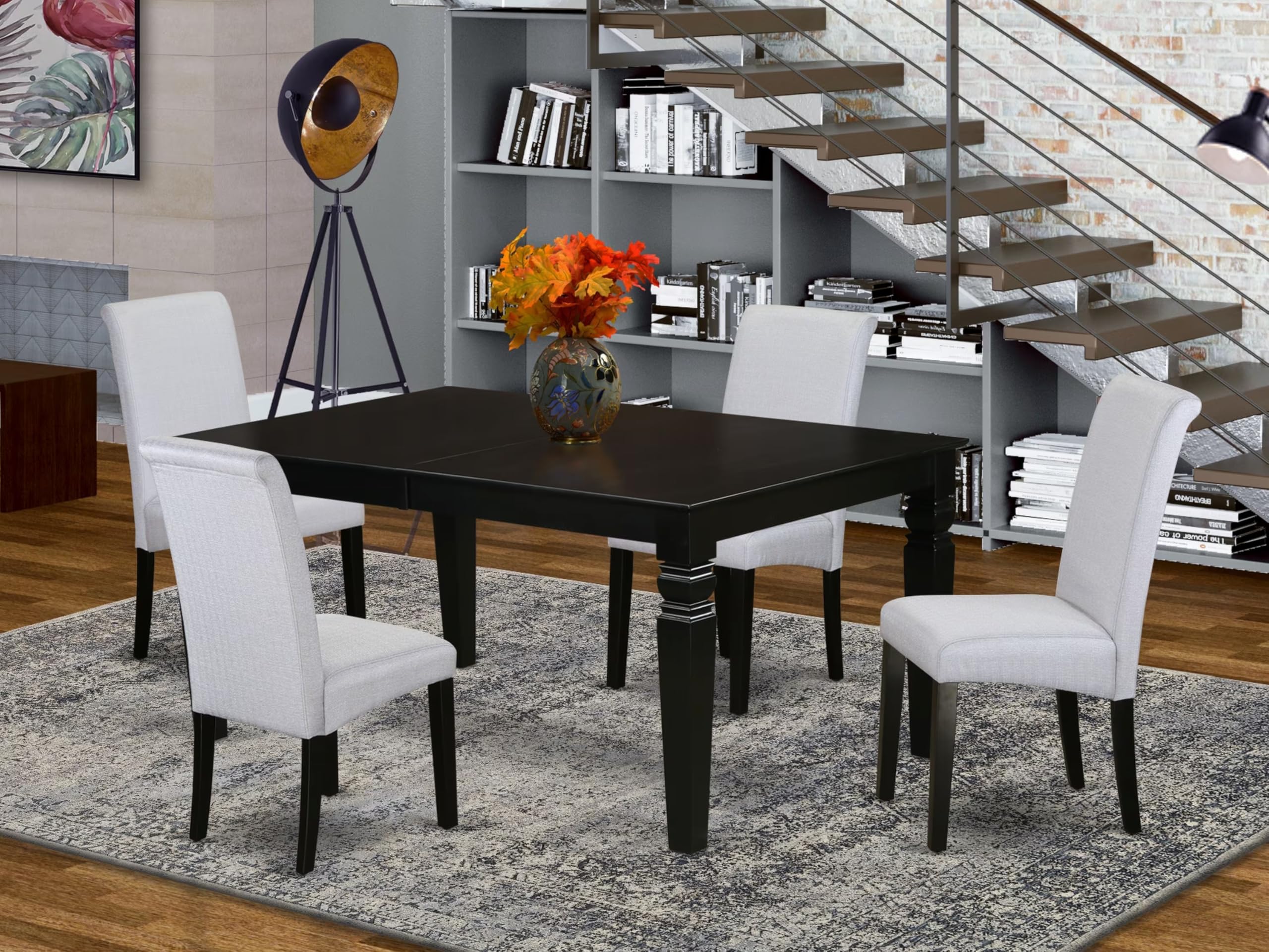 East West Furniture LGBA5-BLK-05 5 Piece Dinette Set Includes a Rectangle Dining Table with Butterfly Leaf and 4 Grey Linen Fabric Parson Dining Room Chairs, 42x84 Inch, Black