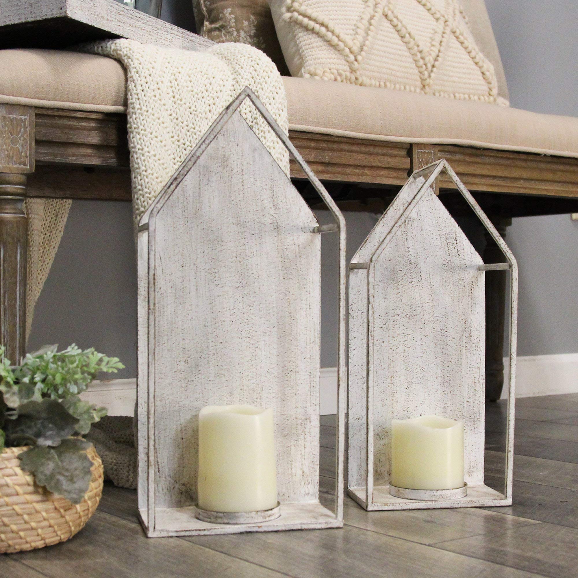 HomeRoots 100% Metal 7.1' X 3.94' X 15.75' Distressed White Metal House Candleholder - Case of 2