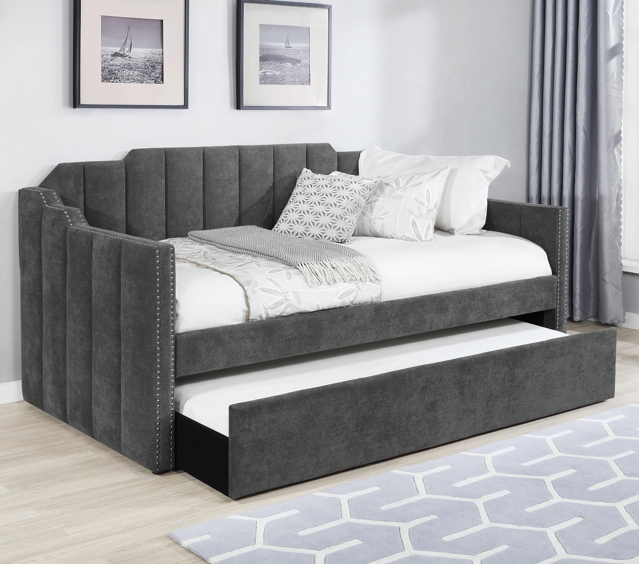 Coaster Home Furnishings Kingston Modern Classic Fabric Upholstered Twin Size Channel Tufted Daybed with Trundle Bed for Guestroom 42-inch Headboard Bedroom Lounger Charcoal 315962