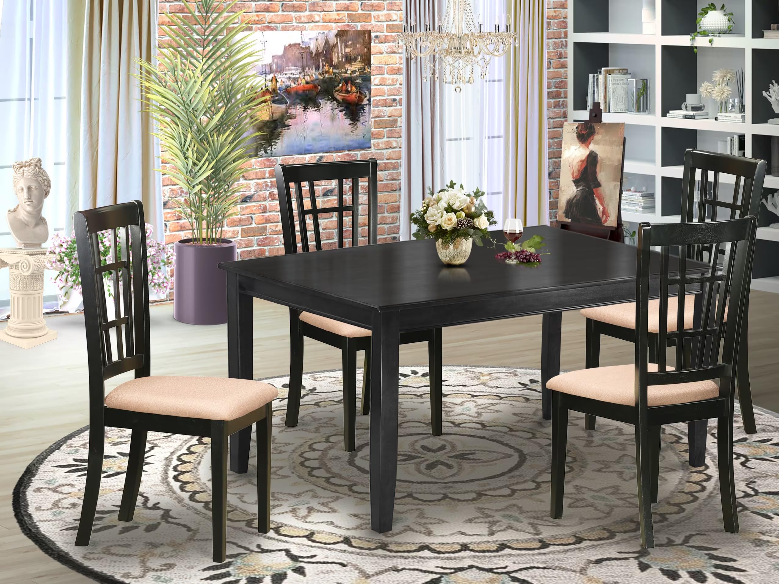 East West Furniture DUNI5-BLK-C 5 Piece Kitchen Table & Chairs Set Includes a Rectangle Dining Table and 4 Linen Fabric Dining Room Chairs, 36x60 Inch, Black
