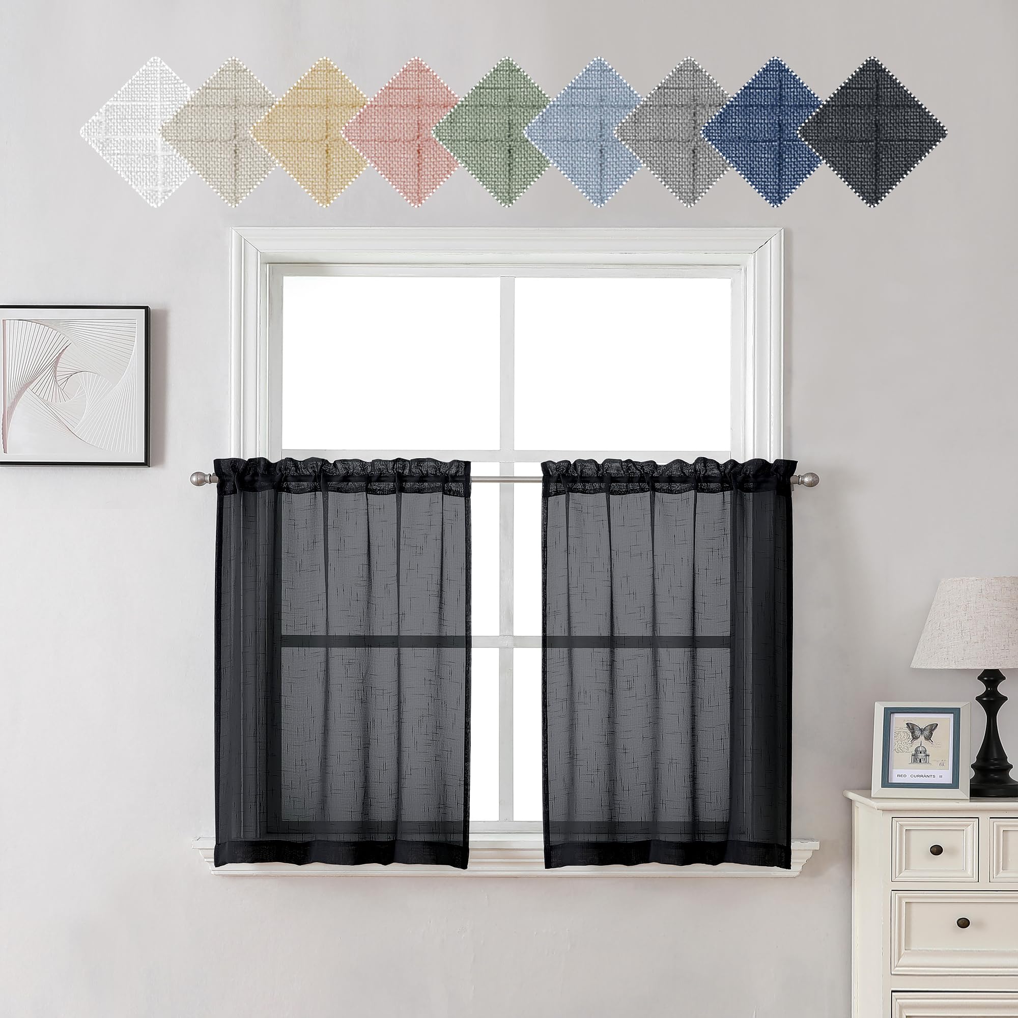 Aiyufeng Sheer Black Kitchen Curtains 24 Inch Length 2 Pcs, Semi Sheer Linen Curtains For Bedroom, Faux Linen Textured Burlap Sh