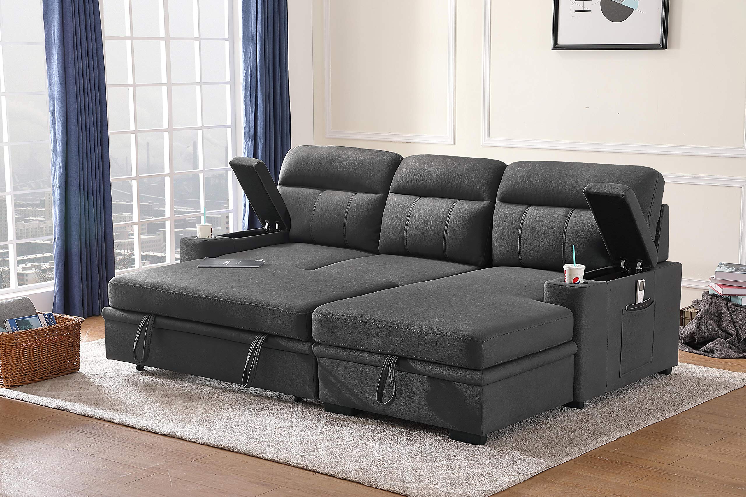 Lilola Home Kaden Gray Fabric Sleeper Sectional Sofa Chaise With Storage Arms And Cupholder