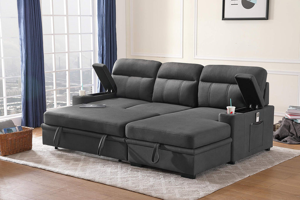 Lilola Home Kaden Gray Fabric Sleeper Sectional Sofa Chaise With Storage Arms And Cupholder
