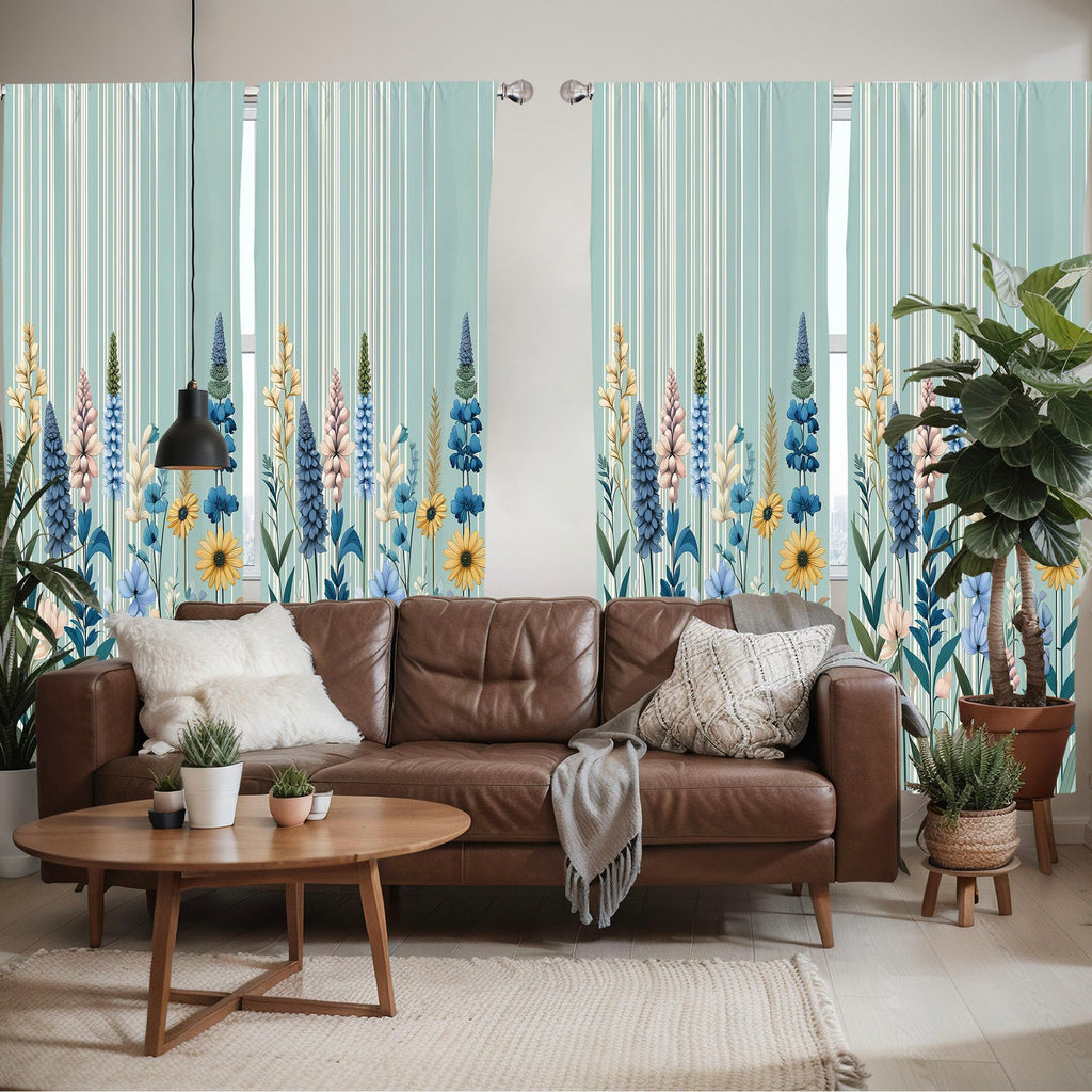 Ambesonne Spring Window Curtains Pack Of 2, Modern Garden With Leafy Lavenders And Daisy Huddle With Boho Stripes, Lightweight S
