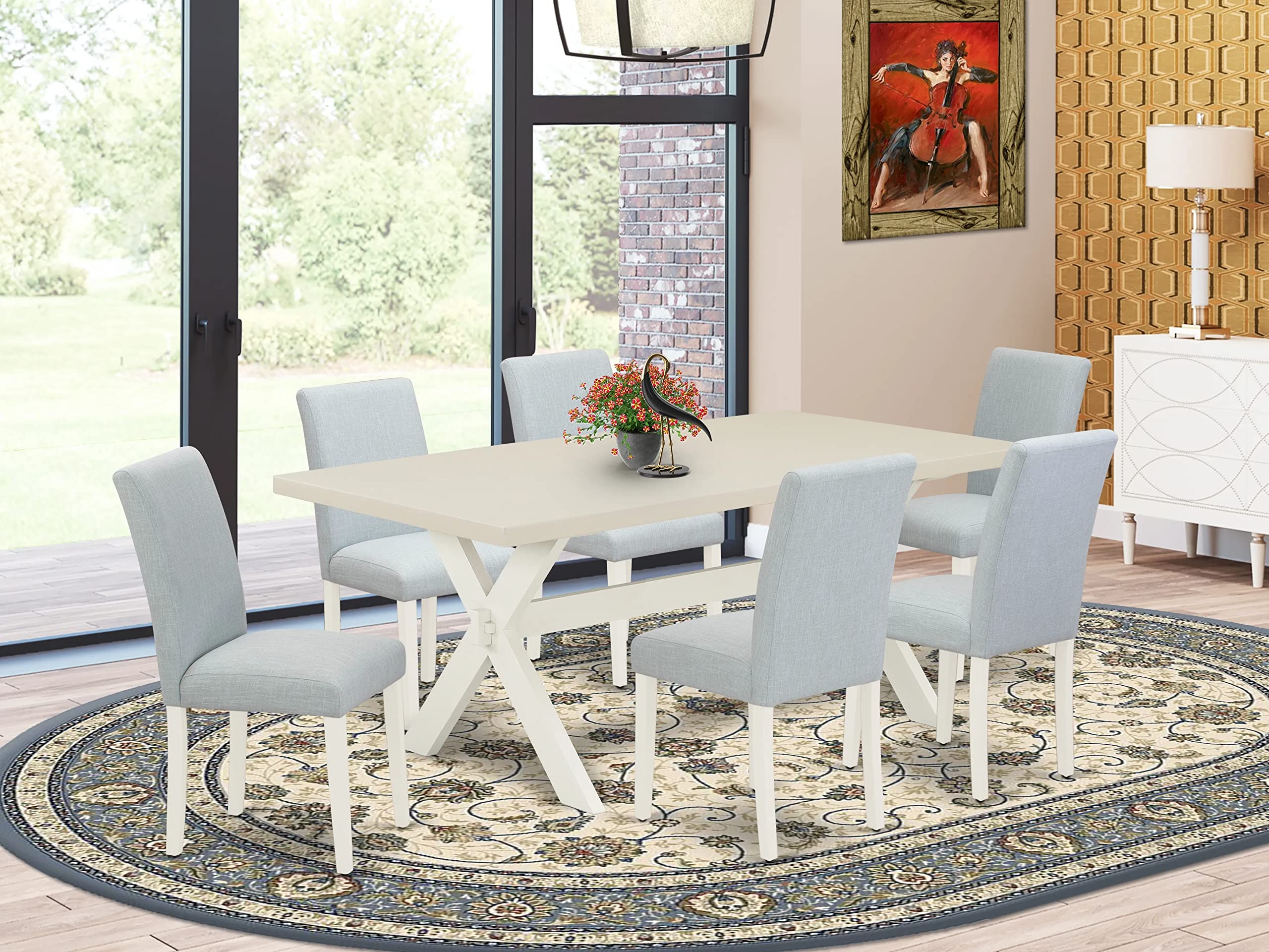 East West Furniture X027Ab015-7 7 Piece Dining Table Set Consist Of A Rectangle Dining Room Table With X-Legs And 6 Baby Blue Linen Fabric Upholstered Chairs, 40X72 Inch, Multi-Color