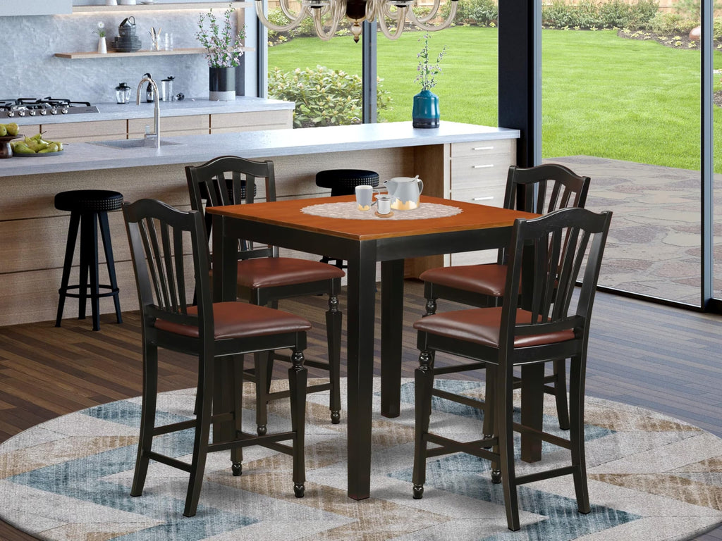 East West Furniture PBCH5-BLK-LC 5 Piece Kitchen Counter Height Dining Table Set Includes a Square Dining Room Table and 4 Faux Leather Upholstered Chairs, 36x36 Inch, Black & Cherry