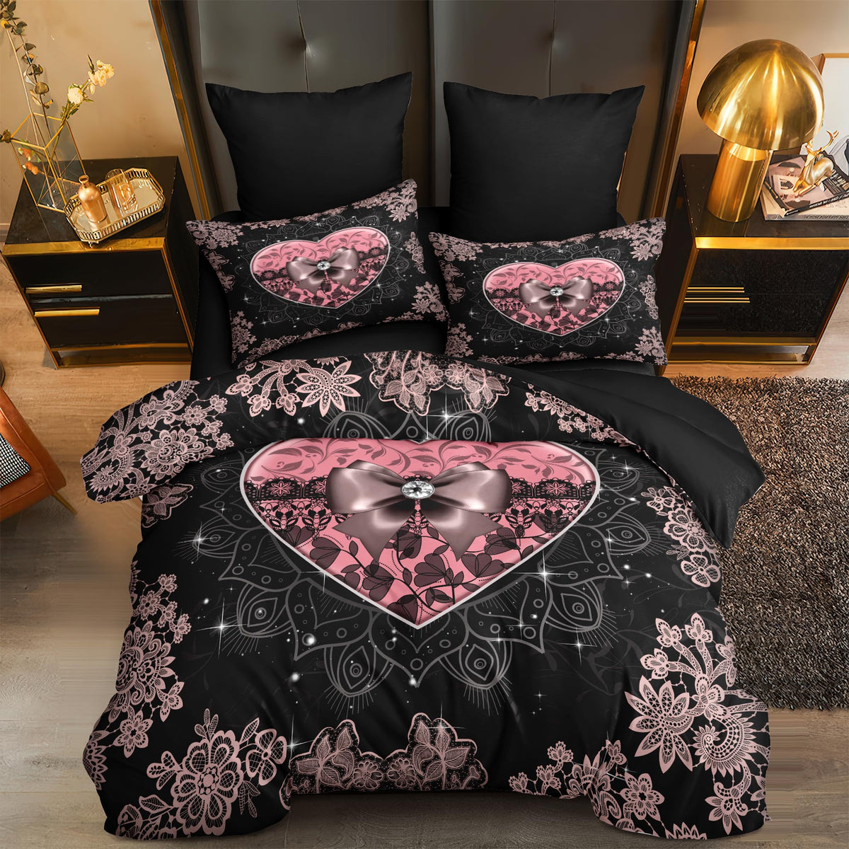 Ccoutuechen Black Pink Heart Comforter Set Queen Size,Ribbon Diamond Bedding Set With 2 Pillowcases For Adult Women - 3 Pieces S