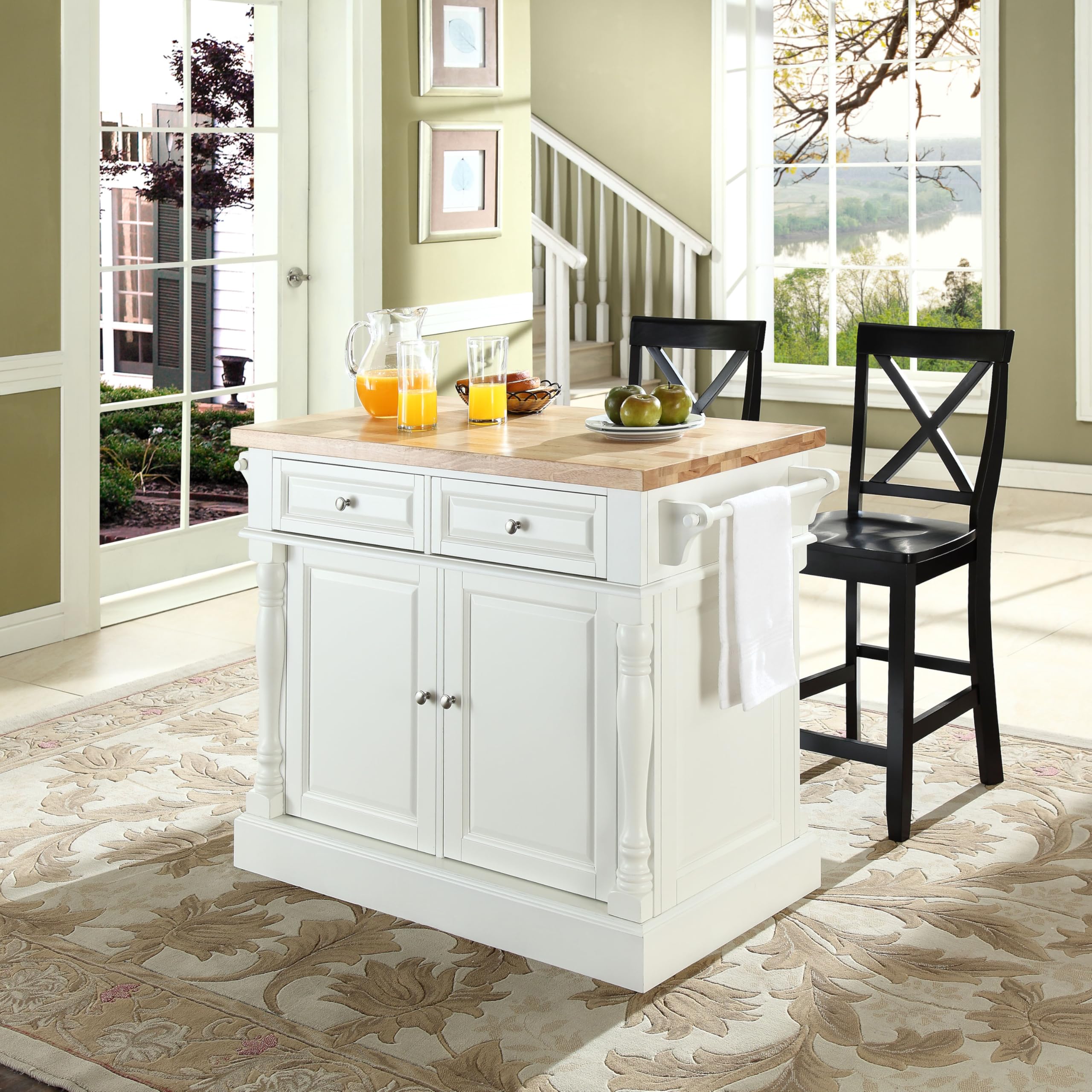 Crosley Furniture Oxford Butcher Block Kitchen Island, Coffee Bar, with a Set of 2 X-Back Stools, White