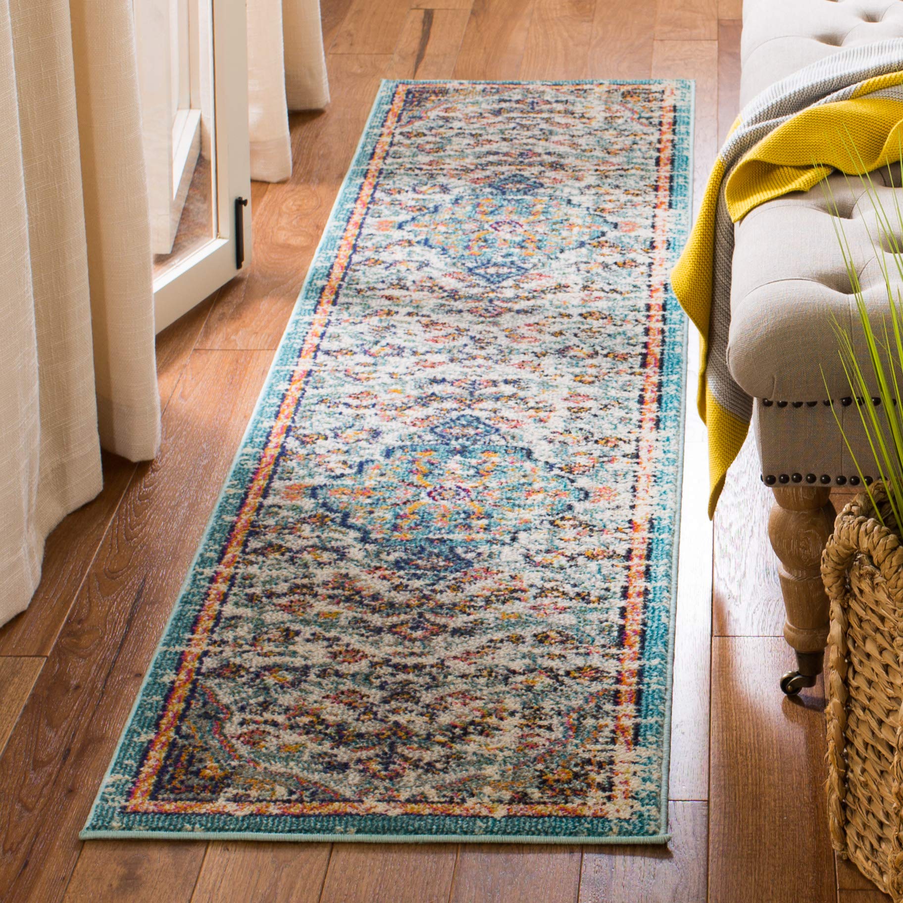 SAFAVIEH Madison Collection Runner Rug - 22 x 6, Grey & Light Blue, Boho Chic Medallion Distressed Design, Non-Shedding & Easy