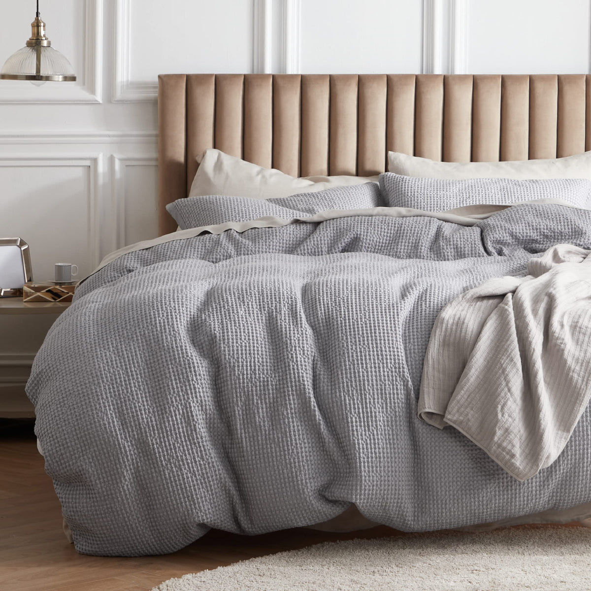 Bedsure Cotton Duvet Cover Set - 100% Cotton Waffle Weave Grey Duvet Cover California King Size, Soft And Breathable Cal King Du