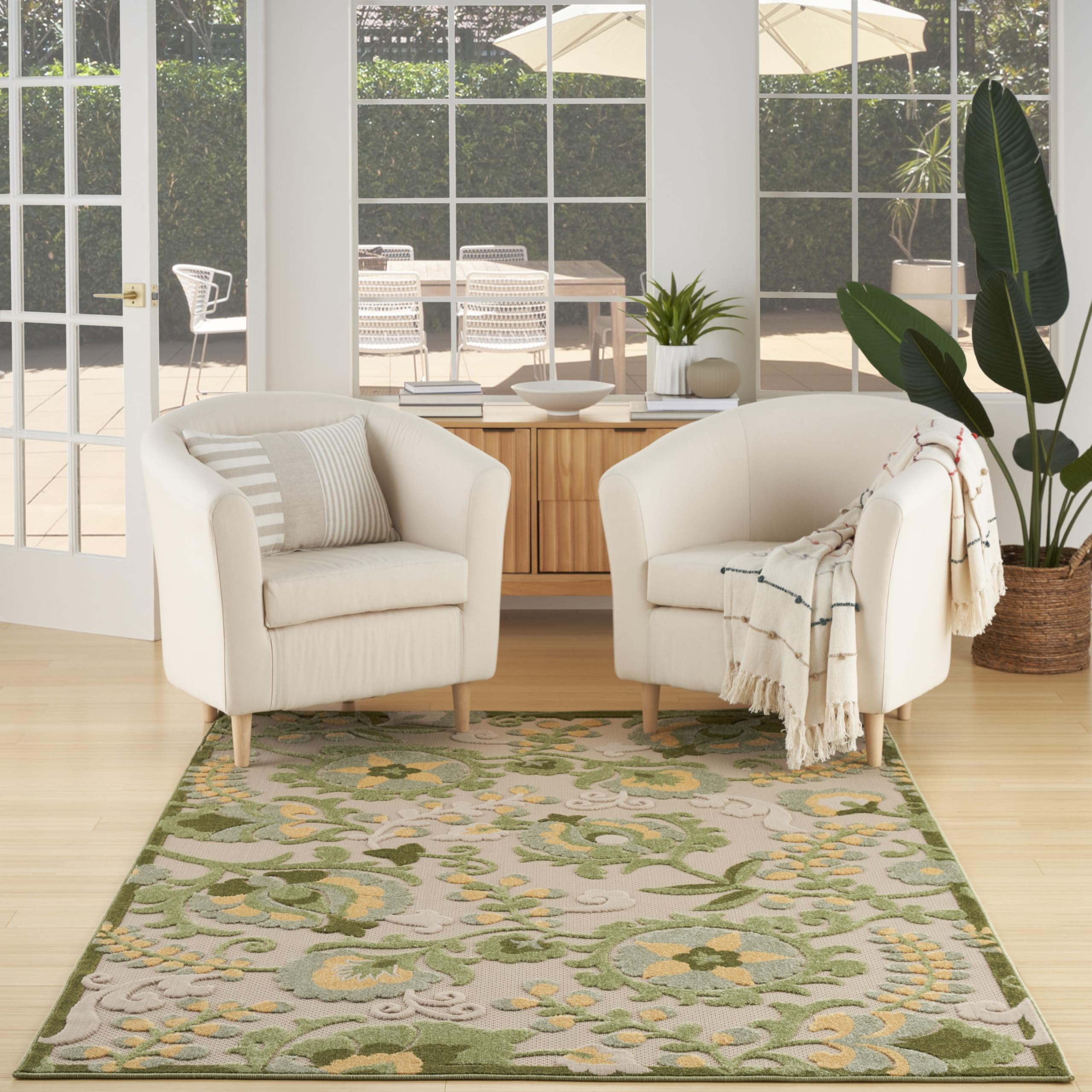 Nourison Aloha Farmhouse Indoor/Outdoor Ivory Green 6' X 9' Area Rug, Easy Cleaning, Non Shedding, Bed Room, Living Room, Dining