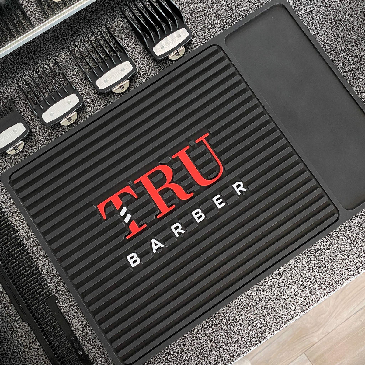 TRU BARBER MAT (Black/Red) Flexible PVC Station Mat, Professional Mat, Salon and Barbershop Work Station Pads, Beauty Salon Tool