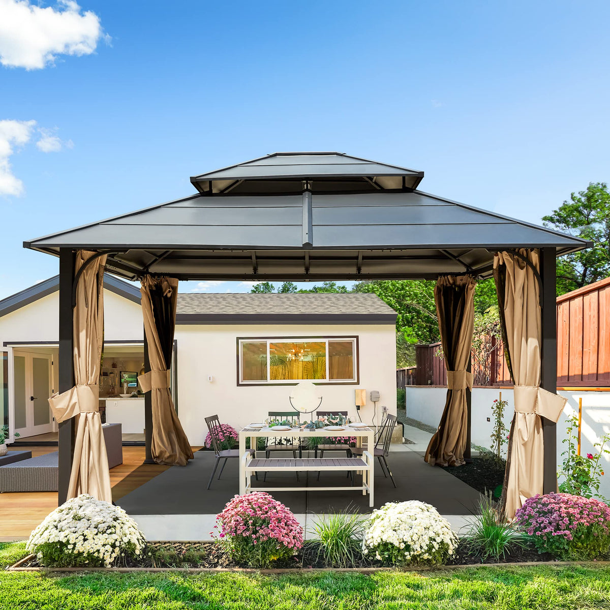 Mellcom 12 X 14 Ft Iron Hardtop Gazebo, Double Roof Gazebo With Curtains And Netting, Waterproof Canopy Gazebo With Anti-Rust Co