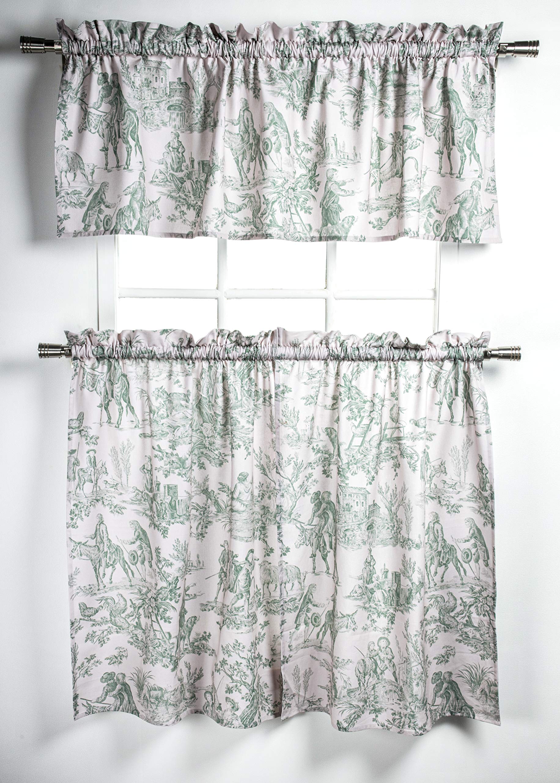 Maison d Hermine Miller - Antique Green 100% Cotton Set of 3 Kitchen Window Curtain for Cafe Kitchen Bedroom Home [2 Tiers (28X