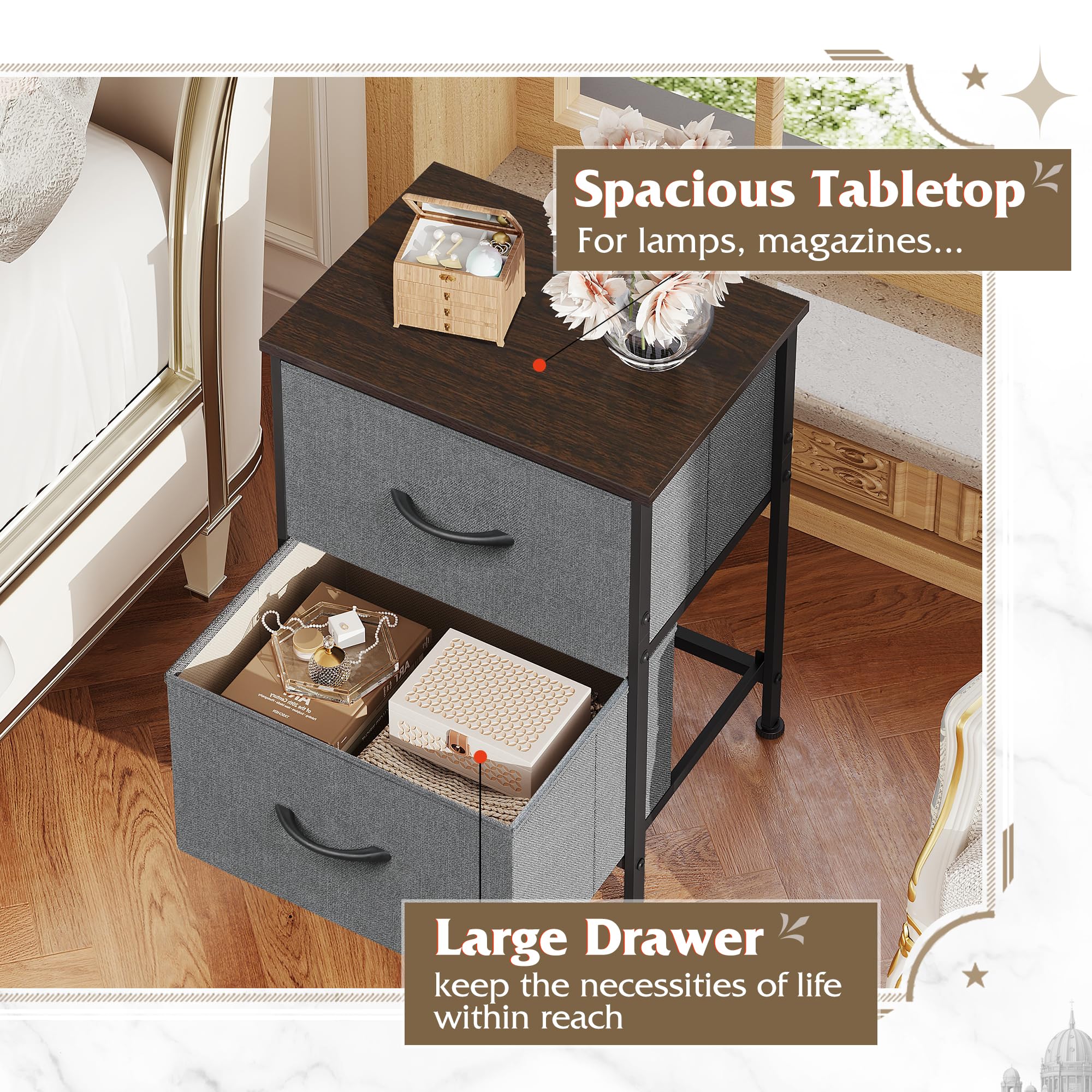 Wlive Nightstand, 2 Drawer Dresser For Bedroom, Small Dresser With 2 Drawers, Bedside Furniture, Night Stand, End Table With Fabric Bins For Bedroom, Closet, Entryway, College Dorm, Dark Grey