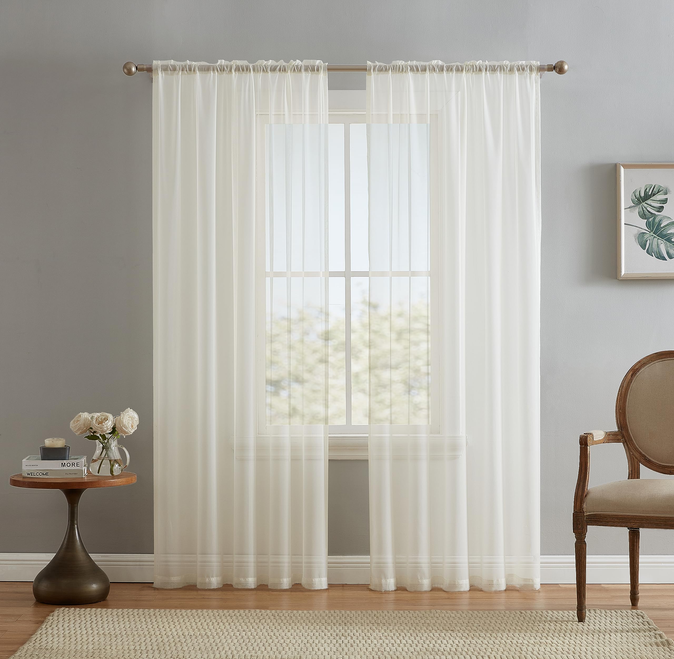 Hlc.Me Ivory Sheer Voile Extra Long Window Treatment Rod Pocket Curtain Panels For Bedroom And Living Room (54 X 108 Inches Long
