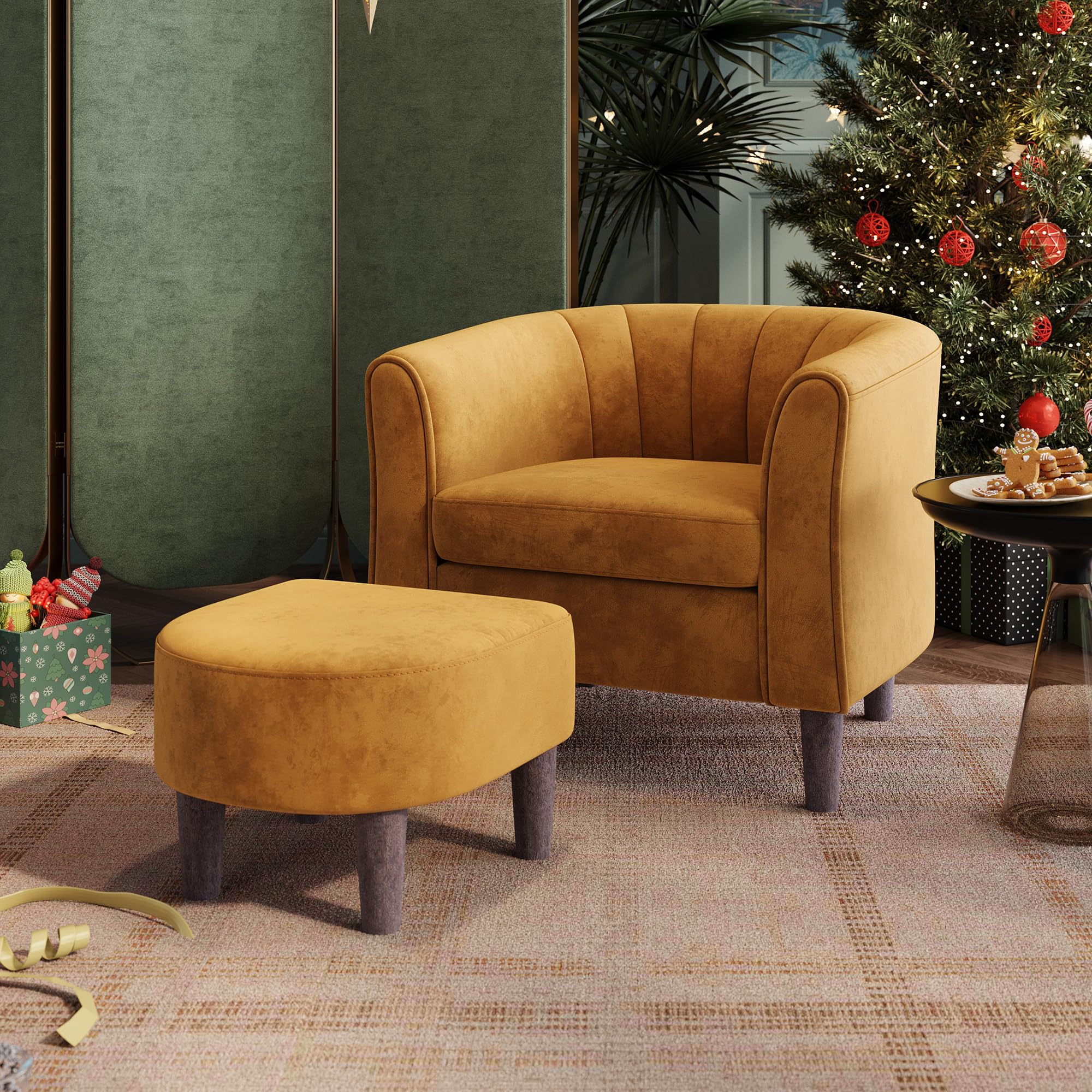 LINSY Accent Chair with Ottoman, Modern Armchair Comfy Barrel Reading Chair with Footrest for Living Room Bedroom Reading Room, 