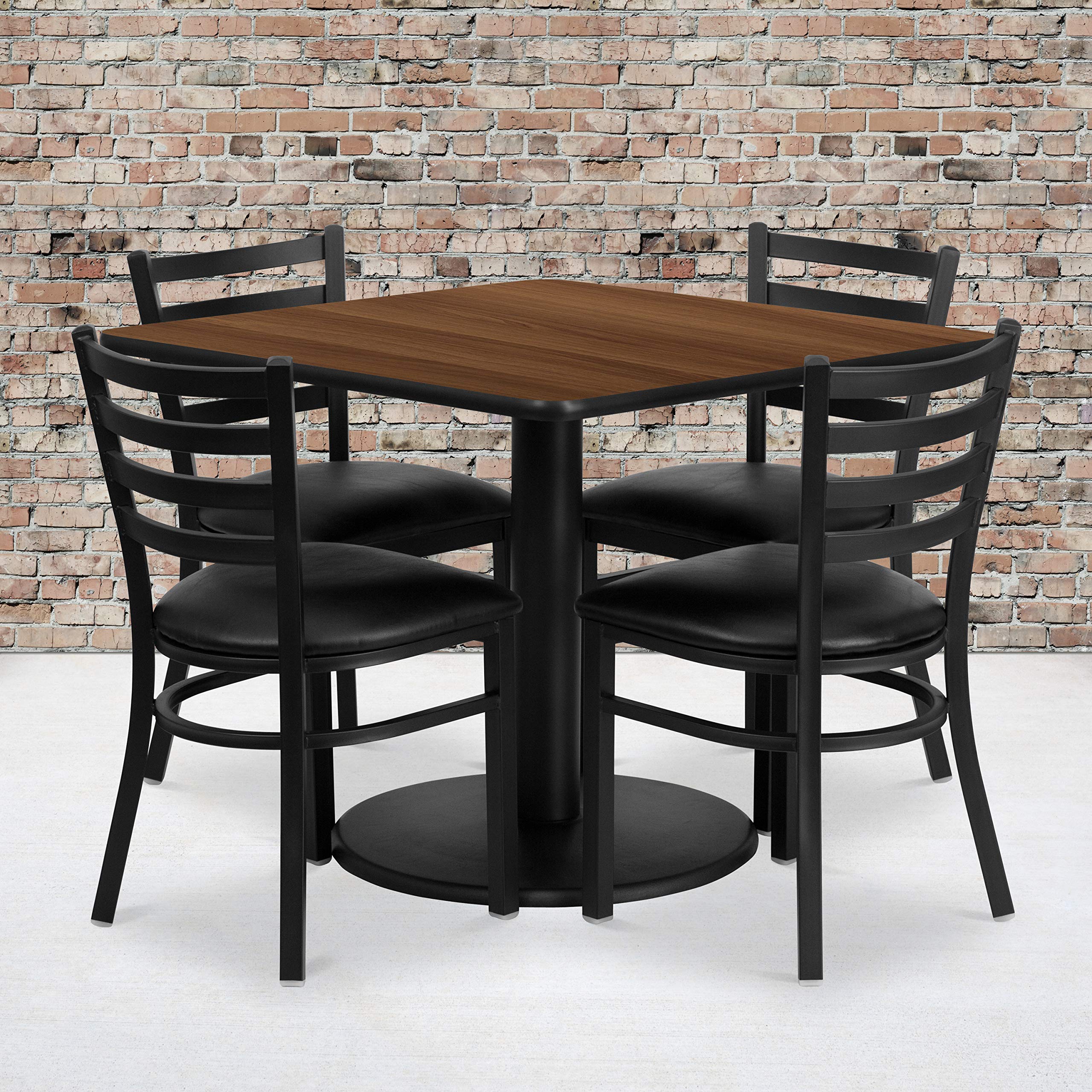 Flash Furniture Jamie 36'' Square Walnut Laminate Table Set With Round Base And 4 Ladder Back Metal Chairs - Black Vinyl Seat