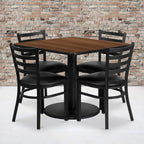 Flash Furniture Jamie 36'' Square Walnut Laminate Table Set With Round Base And 4 Ladder Back Metal Chairs - Black Vinyl Seat