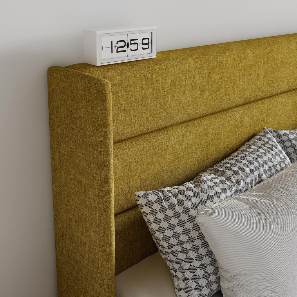 Sha Cerlin Queen Size Lift Up Storage Bed/Modern Wingback Headboard/Upholstered Platform Bed Frame/Hydraulic Storage/No Box Spring Needed/Wood Slats Support/Olive Yellow