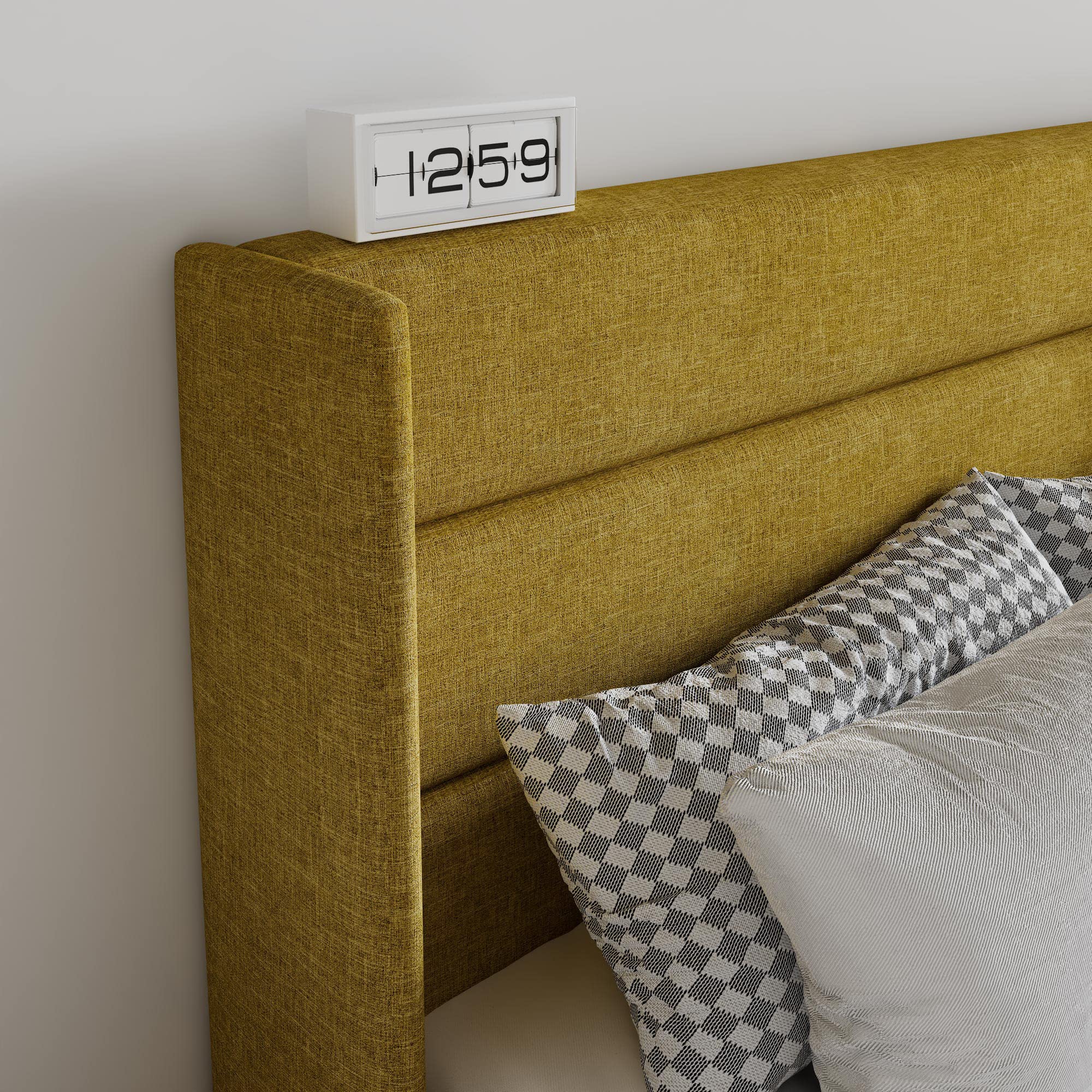 Sha Cerlin Queen Size Lift Up Storage Bed/Modern Wingback Headboard/Upholstered Platform Bed Frame/Hydraulic Storage/No Box Spring Needed/Wood Slats Support/Olive Yellow