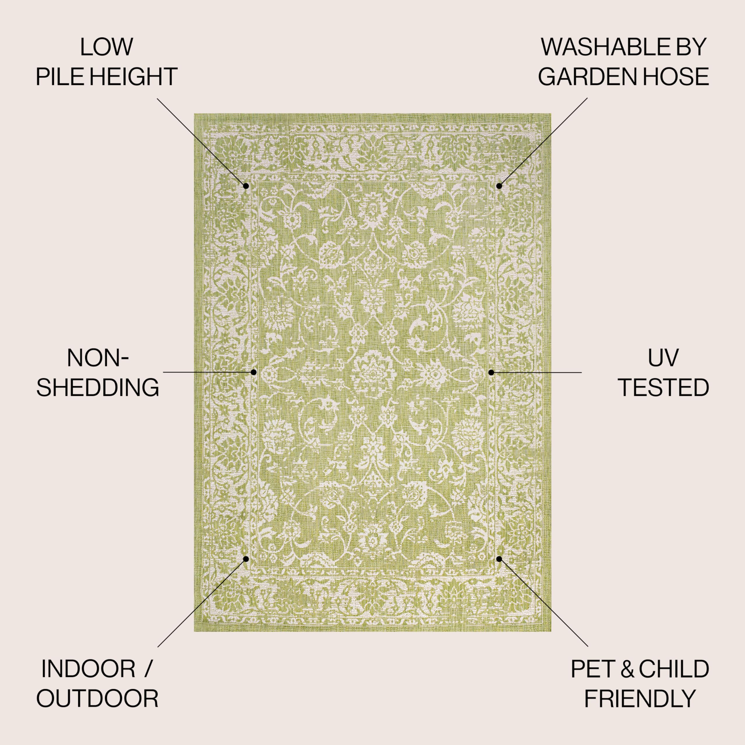 Jonathan Y Smb100D-5R Tela Bohemian Textured Weave Floral Indoor Outdoor Area-Rug, Coastal, Traditional, Transitional Easy-Cleaning,Bedroom,Kitchen,Backyard,Patio,Non Shedding, Green/Cream, 5' Round