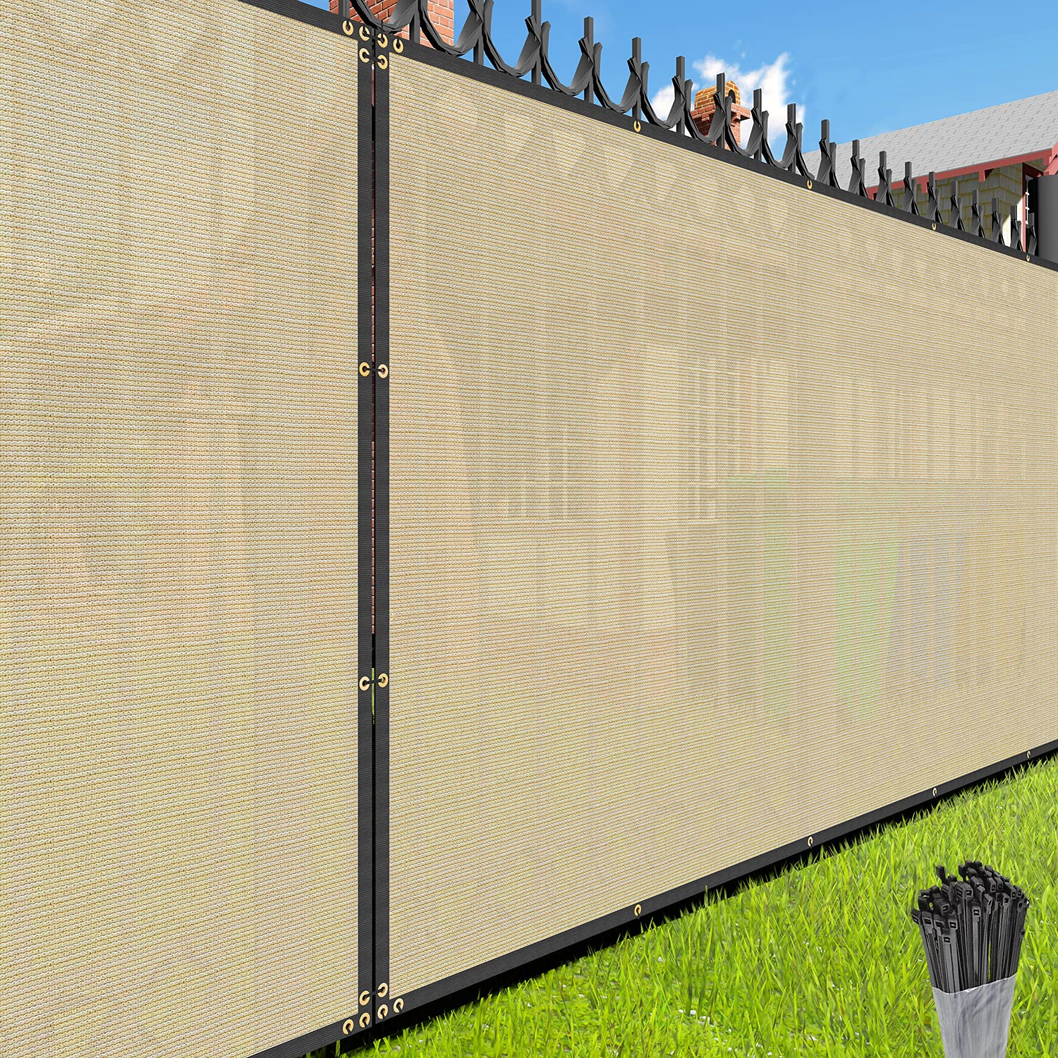 E&K Sunrise Fence Privacy Screen With Zipties, Beige 6' X 277' Commercial Outdoor Backyard Porch Deck Shade Windscreen Mesh Fabr