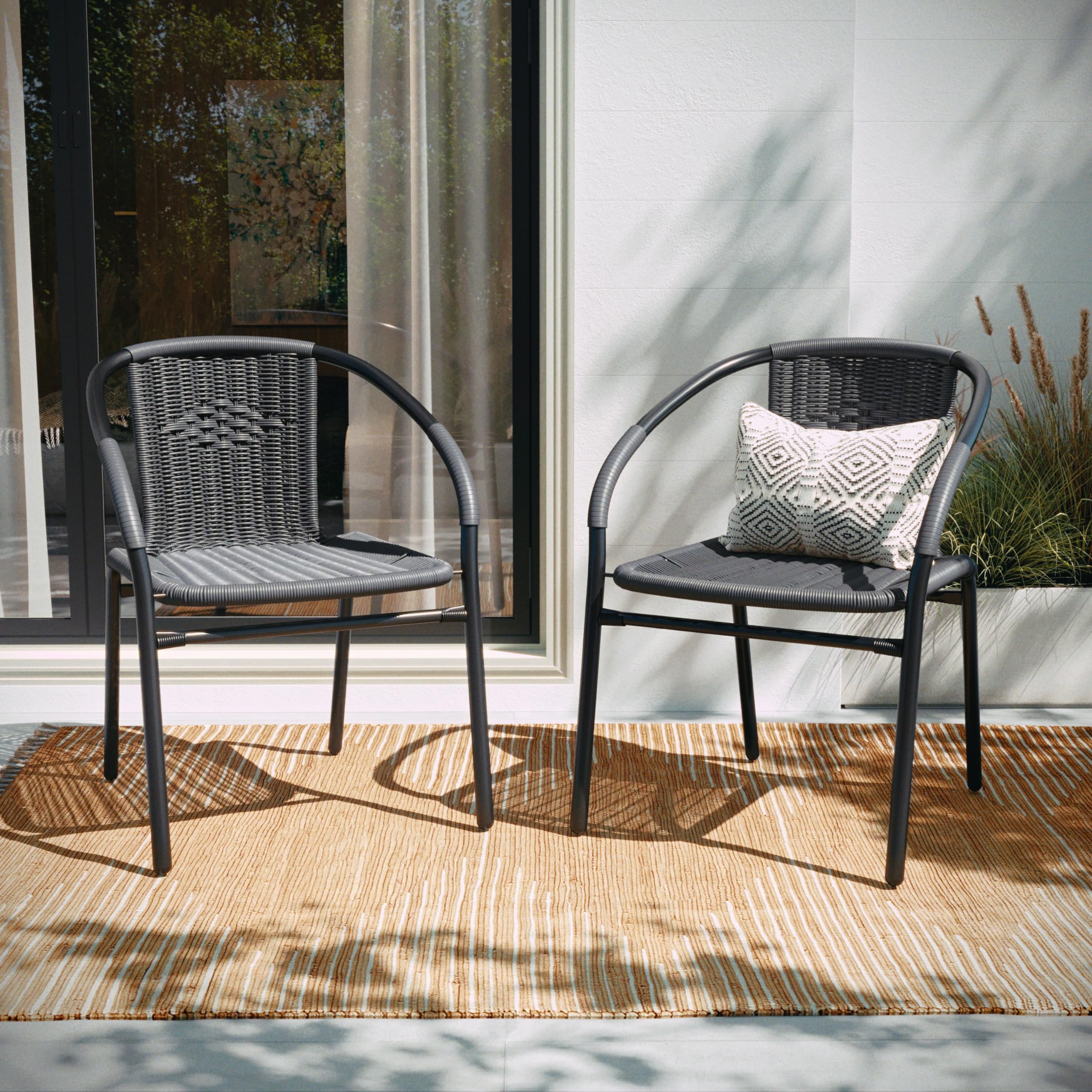 EMMA + OLIVER Set of 2 Modern Rattan Indoor/Outdoor Stack Chairs, Stacking Rattan Patio Chairs with Curved Back and Cross Bracin