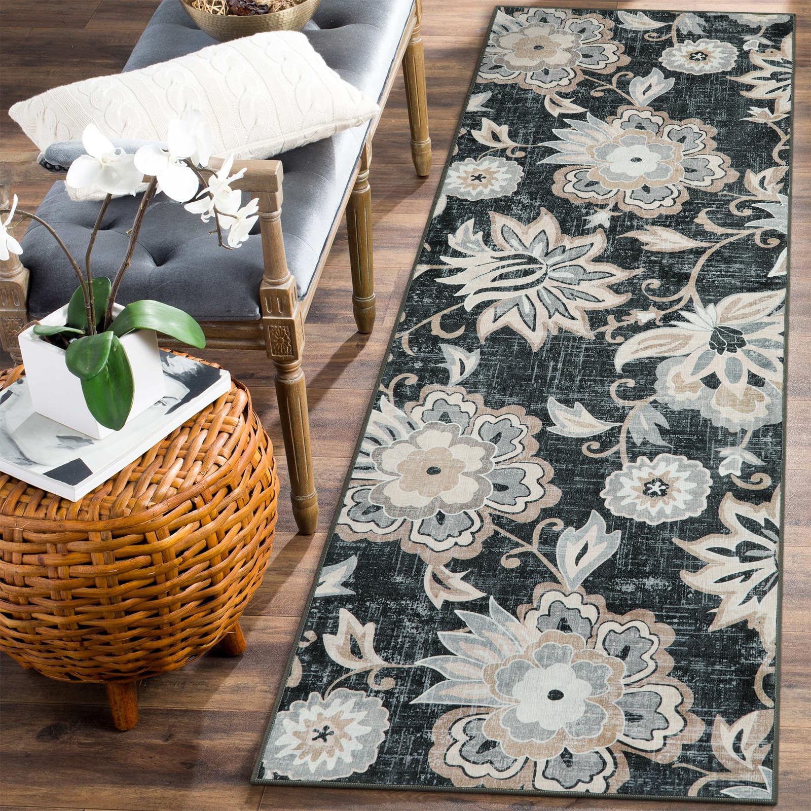 Beeiva Floral Hallway Runner Rug, 2x6 Black Ultra Thin Carpet Runners Rugs for Hallways 2x6 Rug for Bedroom Kitchen Bathroom, Vi