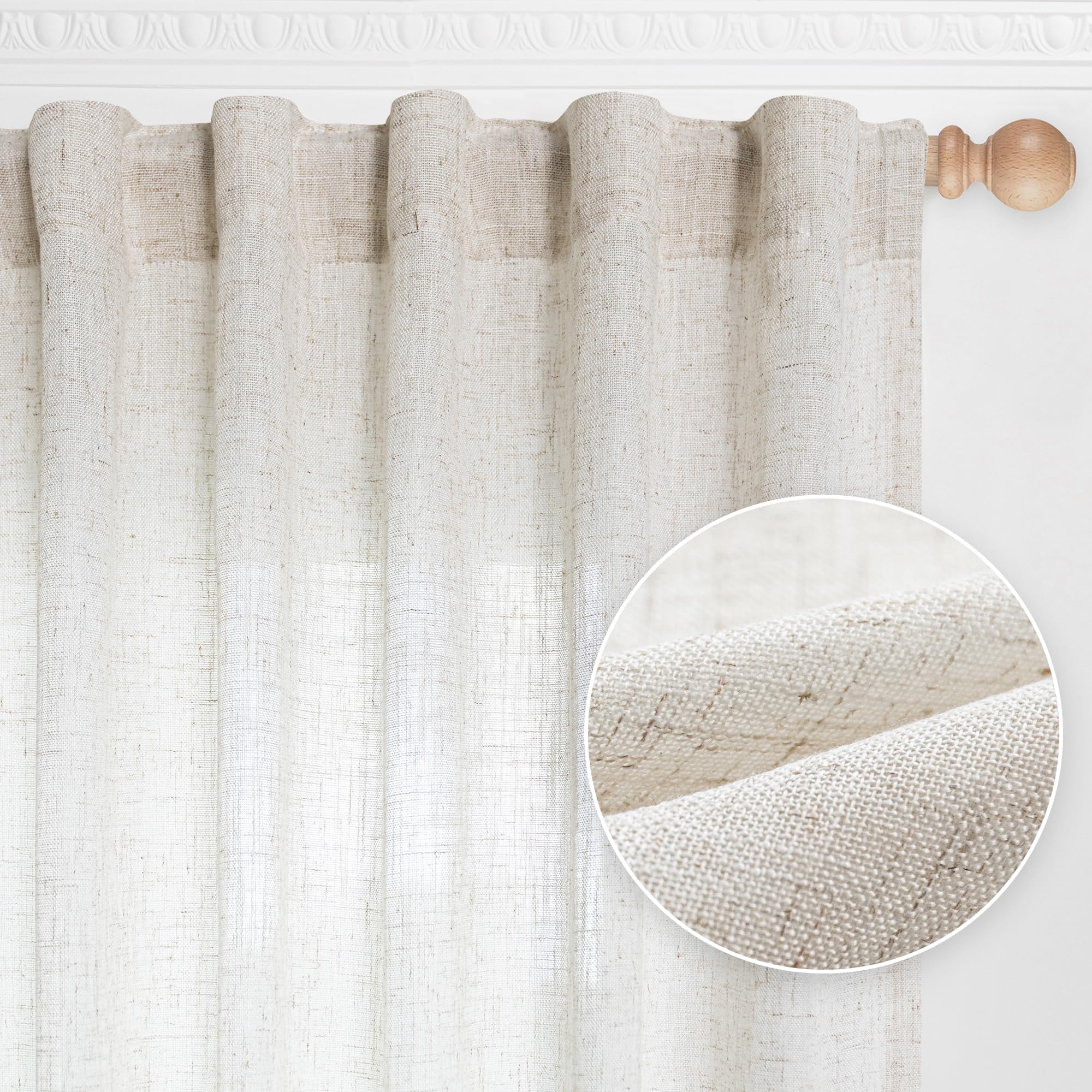 Mysky Home Linen Curtains For Living Room, Natural Semi Sheer Curtains & Drapes 84 Inches Length 2 Panels Set Farmhouse Country